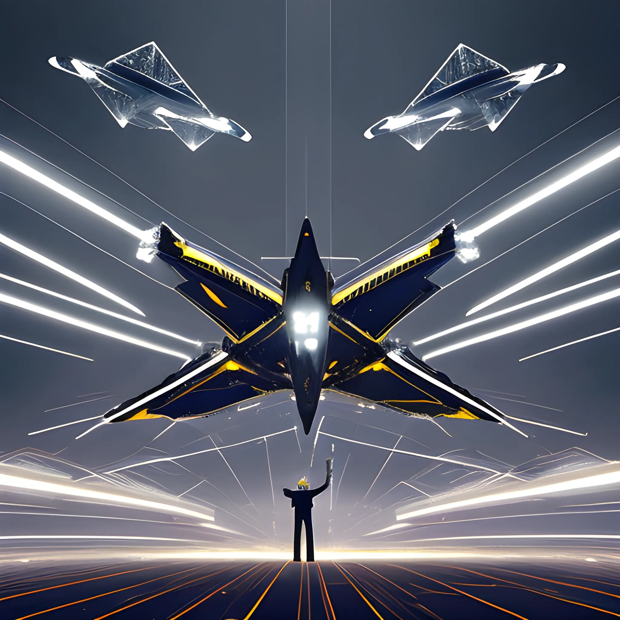 A leader, emblematic of defiance and resilience, stands against a backdrop of industrial machinery and sleek, metallic geometries. The jets, represented as soaring, abstract lines, cut through the air in a dynamic ballet of power and precision. The scene is illuminated by a cold, mechanical light, evoking a sense of cutting-edge technology intertwined with a palpable atmosphere of urgency and resolve. This contemporary, high-tech tableau embodies a vision of relentless forward motion, streaking through the sky like a beacon of hope in a world teetering on the edge of change.