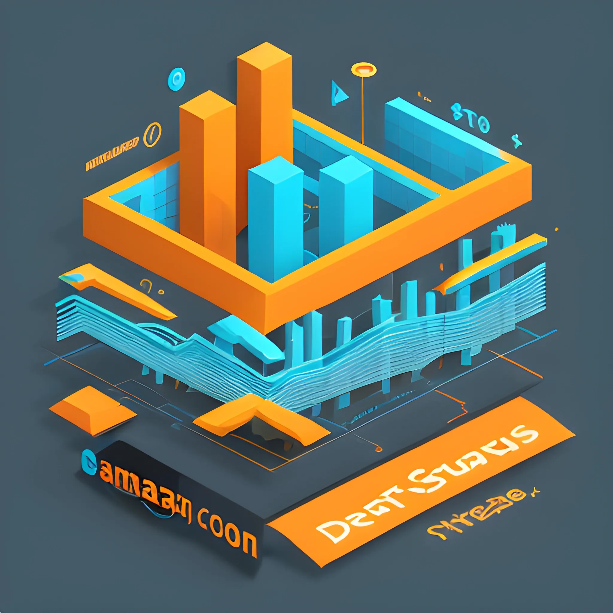 A dramatic, upward-scrolling infographic depicting the surge in Amazon's quarterly profits, rendered in an isometric, low-poly style. Geometric shapes and vibrant, contrasting colors represent various financial metrics while playfully mimicking the appearance of a bar chart. The piece conveys a sense of calculated growth, accompanied by a subtle, futuristic ambiance, capturing the essence of a cutting-edge tech giant.