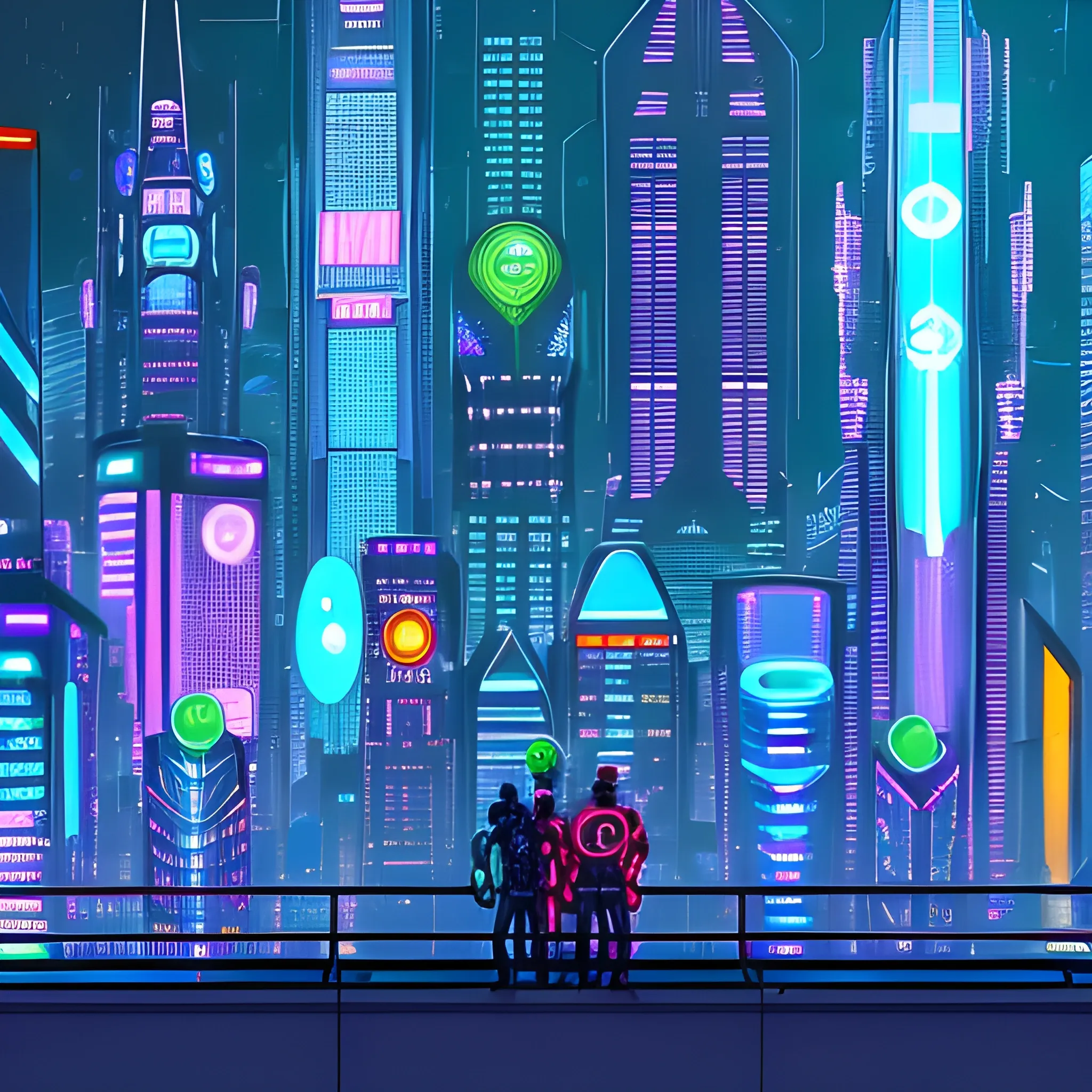 a futuristic cityscape at night with soaring skyscrapers, their glass facades reflecting the neon lights and holographic advertisements that illuminate the streets below. In the foreground, a group of individuals in high-tech cyberpunk attire can be seen, their faces illuminated by the glow of their handheld devices. The cityscape is bustling with activity, with flying cars and drones weaving through the air. The image should be sharp and detailed, capturing the vibrant energy and intricate details of this cybernetic metropolis