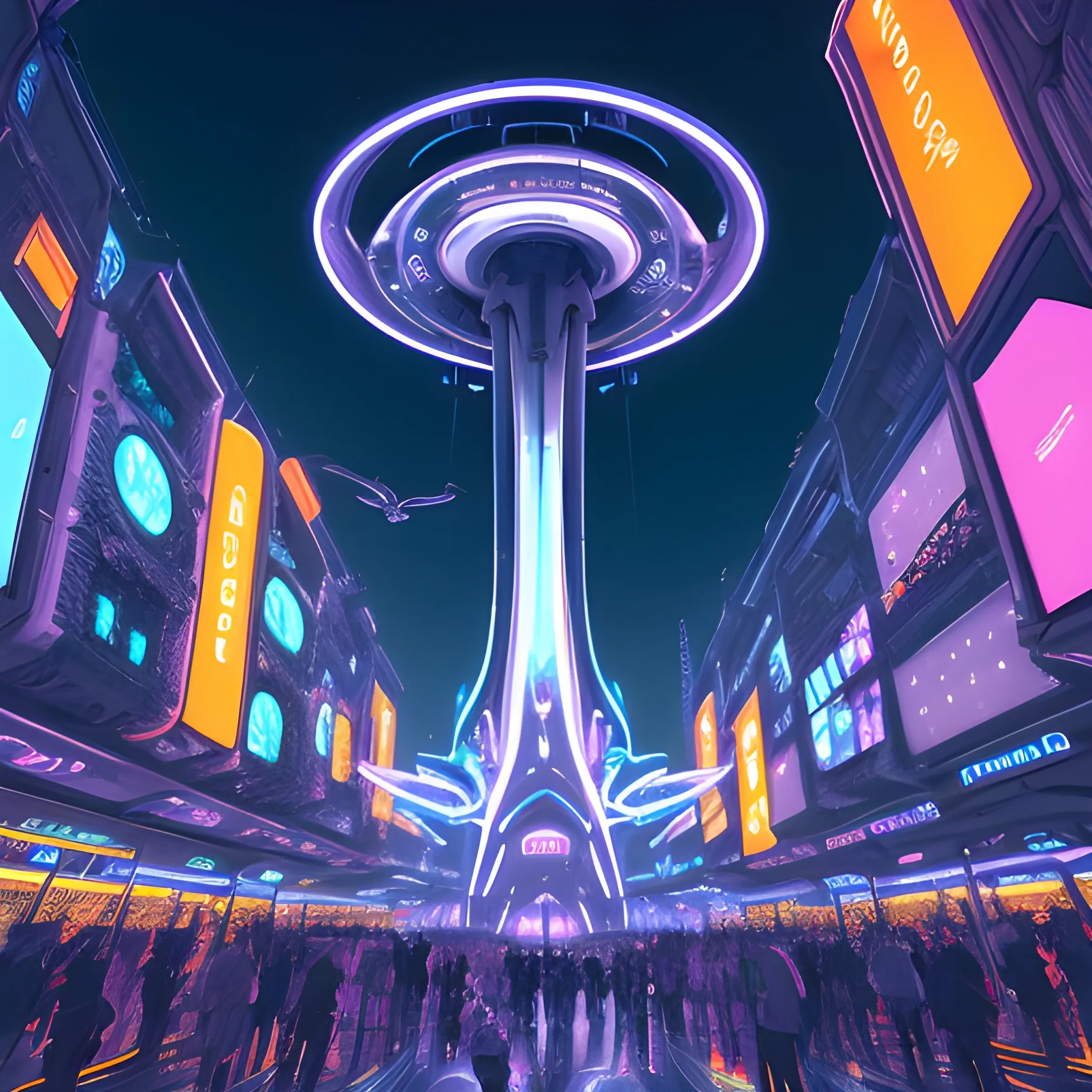 A sleek, futuristic spacecraft ascends through the atmosphere. Hovering vehicles weave through the streets, leaving trails of neon light in their wake. Massive, bioluminescent trees illuminate the central plaza, casting an ethereal glow on the bustling crowds below.