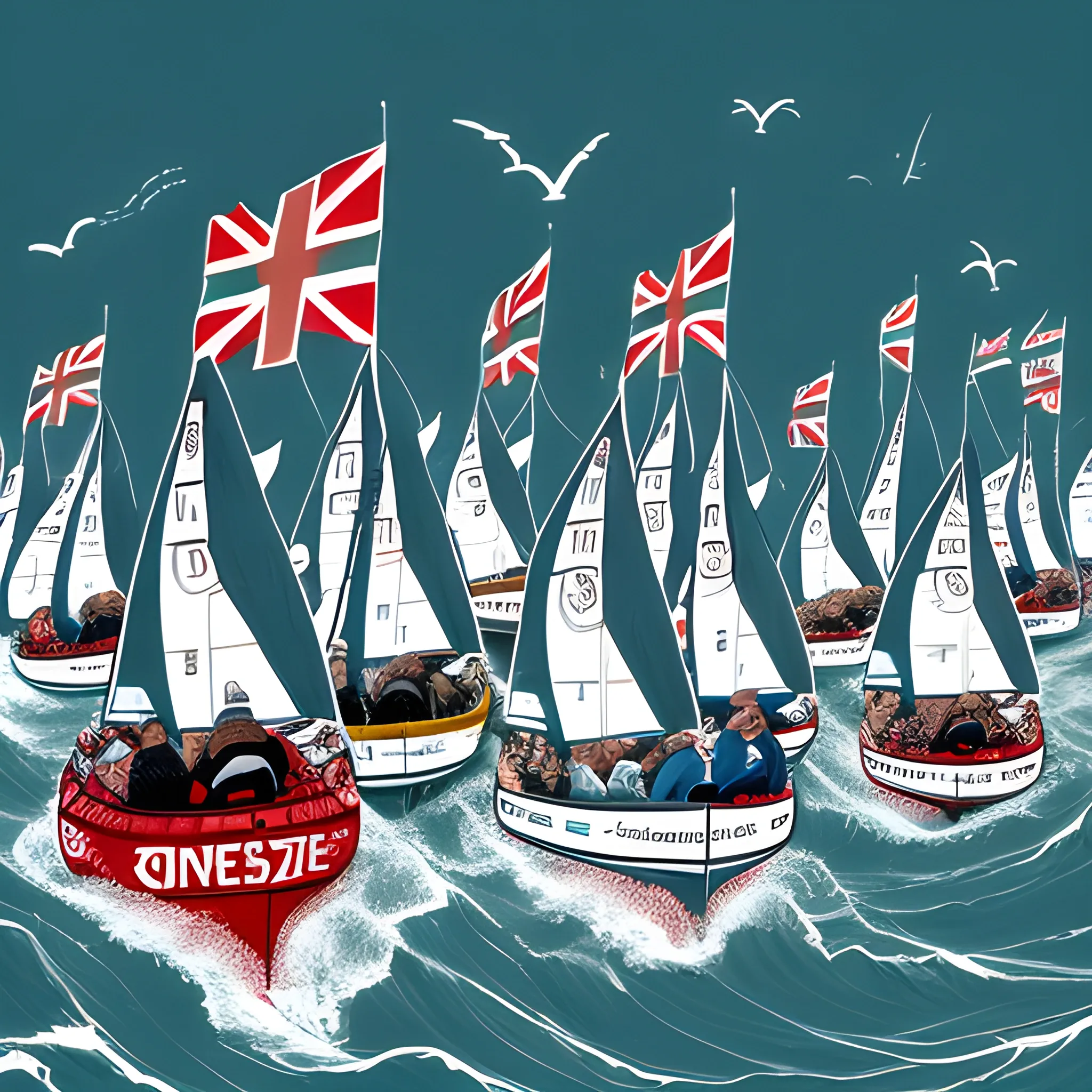  Illustrative, detailed, and expressive, reminiscent of editorial cartoons. A flotilla of vibrant, miniature dinghies, emblazoned with NGO logos, converge on the choppy waters off the UK coast, as if protesting the treacherous sea itself. Amidst the chaos, a solitary life ring bobs precariously, conveying the urgent message of crisis and risk.