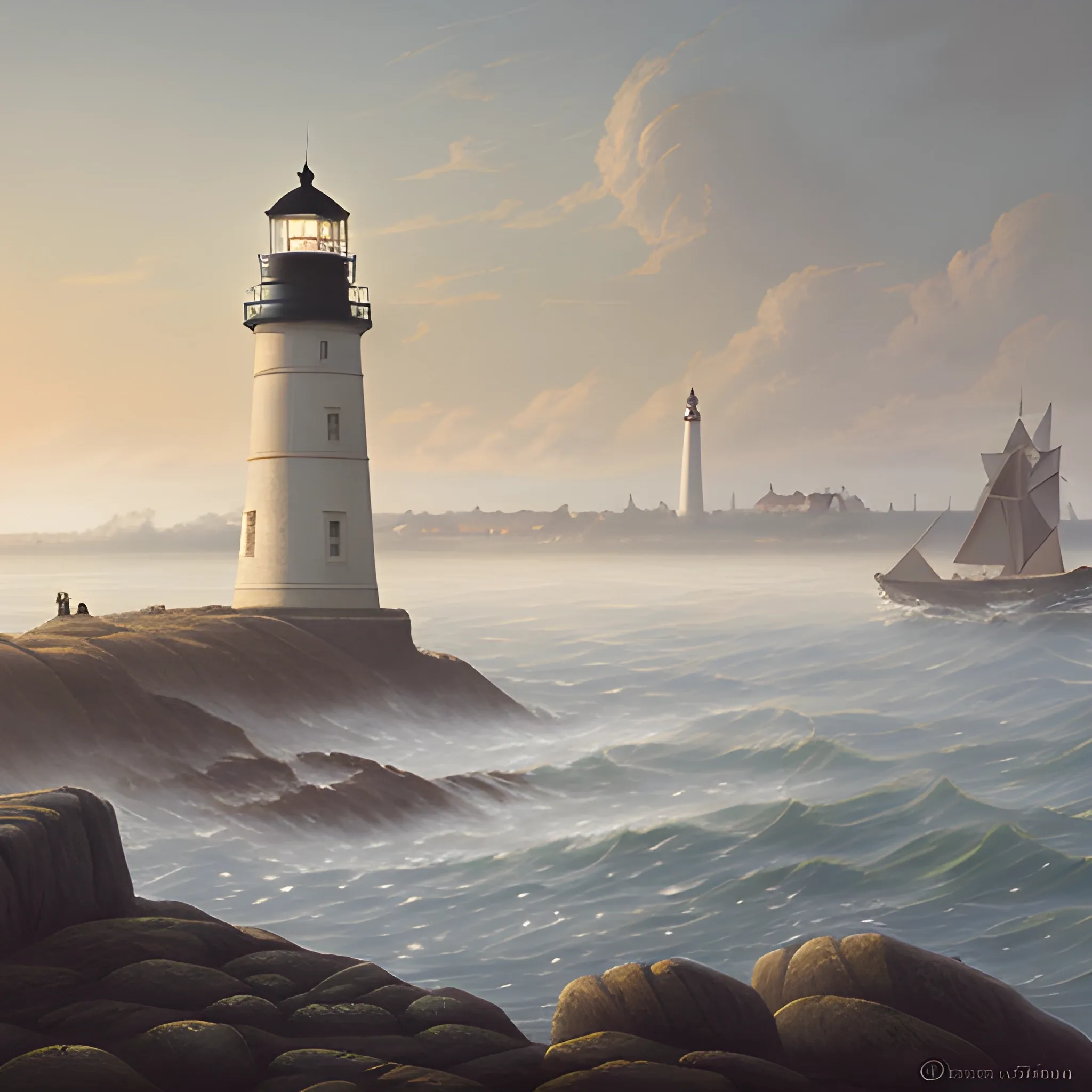 Classic maritime painting style, a weathered traveler gazes upon a city shrouded in ethereal mist, the ancient lighthouse casting long shadows upon the weathered stone walls.