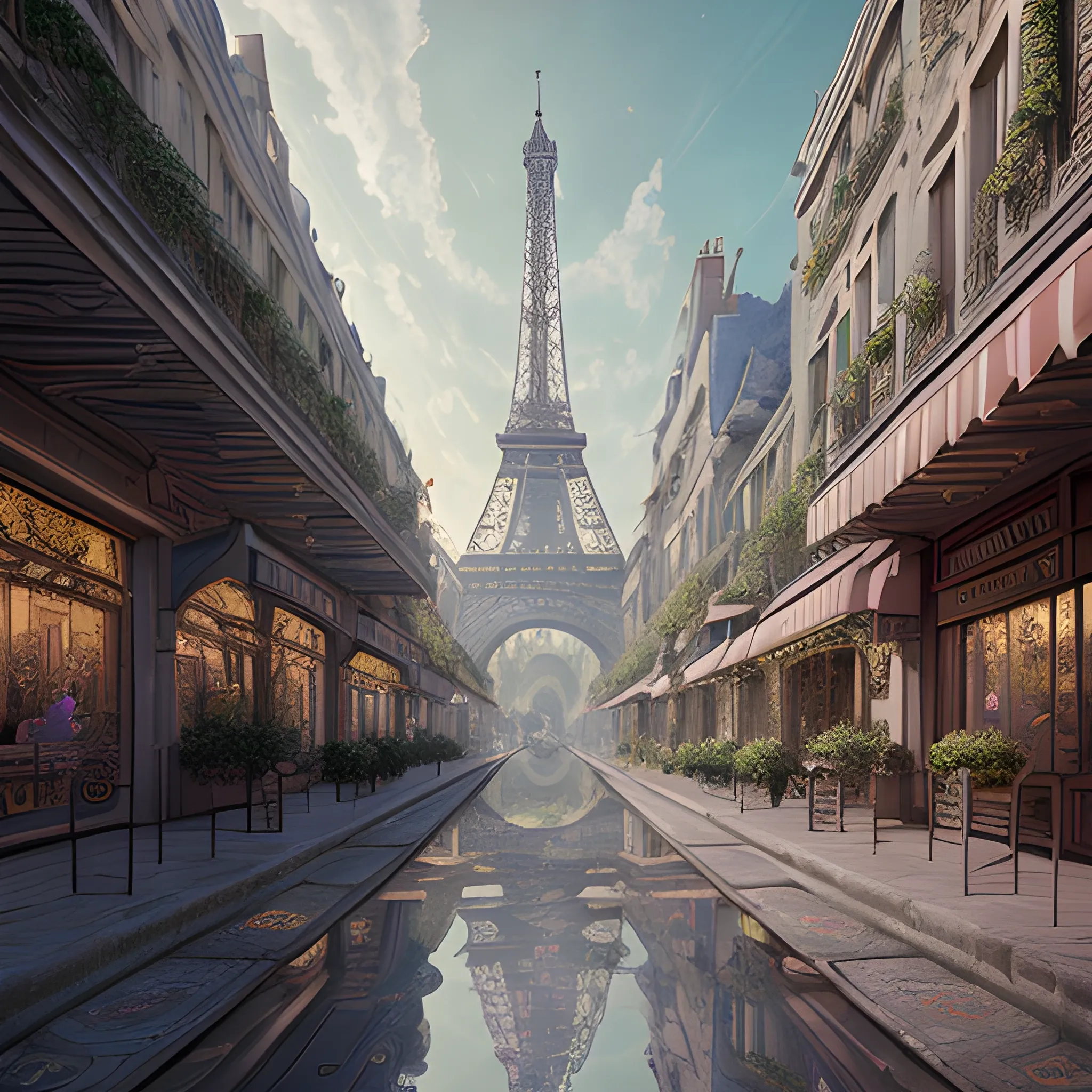 masterpiece of a curious old secret city of Paris city, armor shops, magic potion shops, art nouveau, animation art, dark fantasy, overgrown with very lush vegetation, cinematic, smooth, detailed, hyperrealism, light reflection, post production, post processing, 8k, retouching, HDR, super resolution, soft lighting, global illumination Ray Tracing, lumen highlights, pastel color palette, art deco