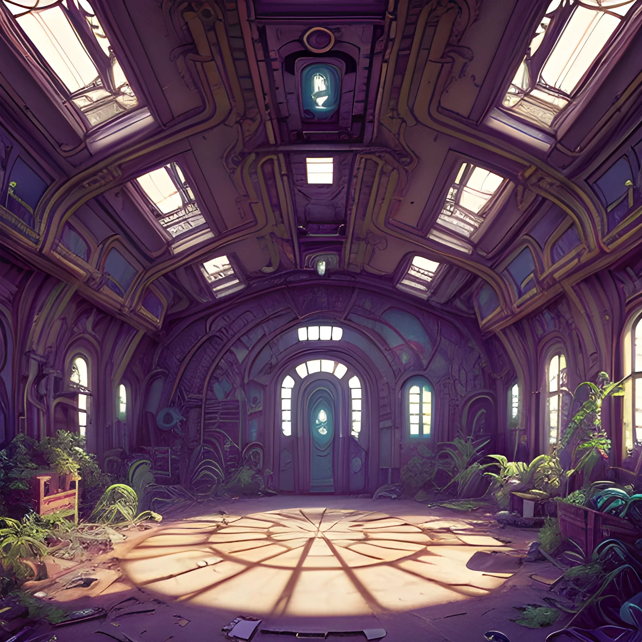 interior view of a very old abandoned alien city, armor shops, magic potion shops, art nouveau, animation art, dark fantasy, overgrown with very lush vegetation, cinematic, smooth, detailed, hyperrealism, light reflection, post-production, post-processing, 8k, retouching, HDR, super-resolution, soft lighting, global illumination Ray Tracing, lumen highlights, POWERFUL color palette, art deco