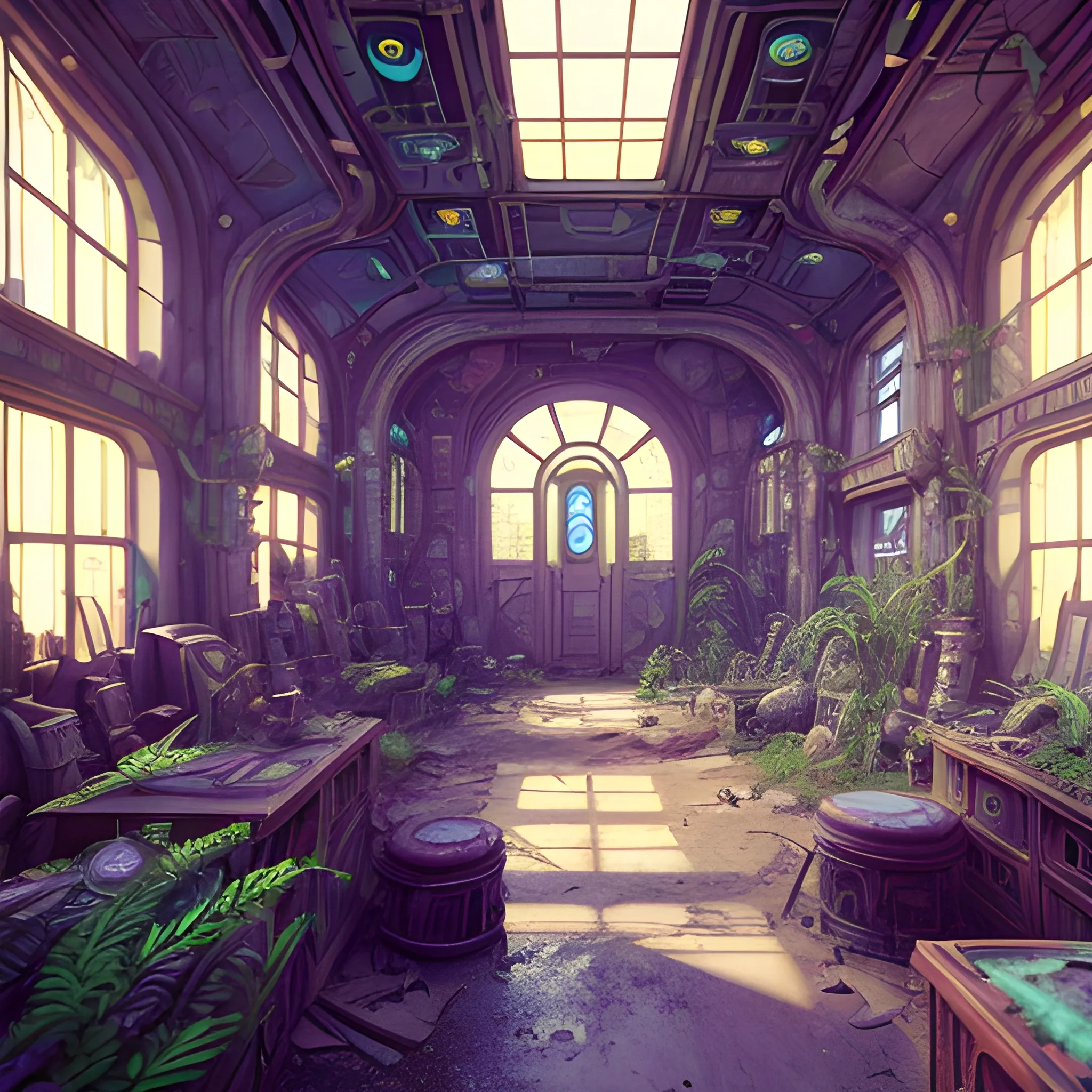 interior view of a very old abandoned alien city, armor shops, magic potion shops, art nouveau, animation art, dark fantasy, overgrown with very lush vegetation, cinematic, smooth, detailed, hyperrealism, light reflection, post-production, post-processing, 8k, retouching, HDR, super-resolution, soft lighting, global illumination Ray Tracing, lumen highlights, POWERFUL color palette, art deco, 3D