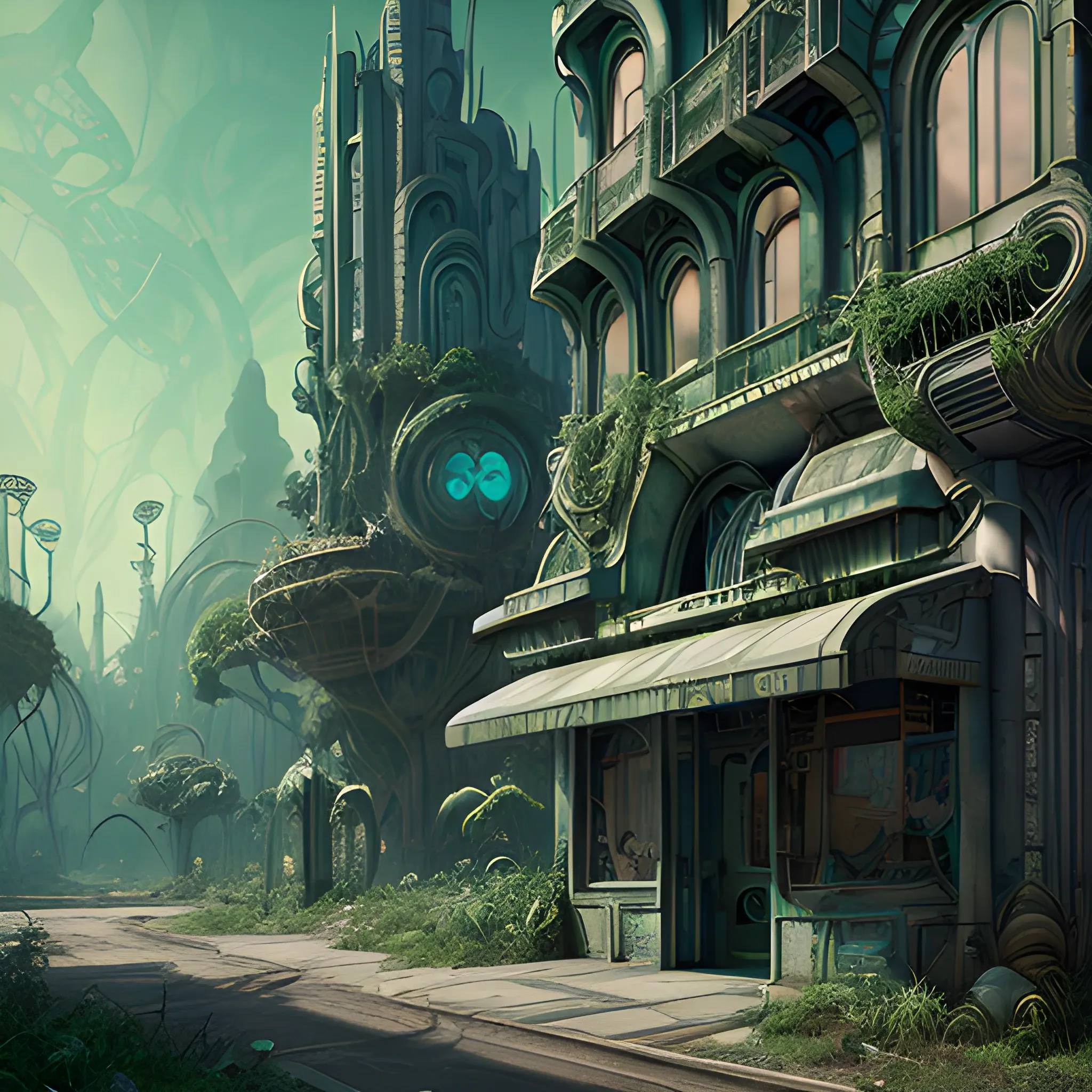 old abandoned alien city, armor shops, magic potion shops, art nouveau, animation art, dark fantasy, overgrown with very lush vegetation, cinematic, smooth, detailed, hyperrealism, light reflection, post production, post processing, 8k, retouching, HDR, super resolution, soft lighting, global illumination Ray Tracing, lumen highlights, POWERFUL color palette, art deco, 3D