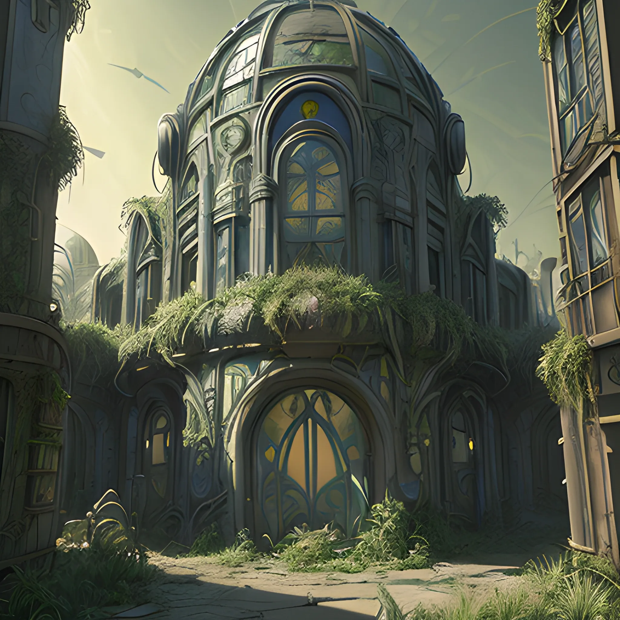 old abandoned alien city, armor shops, magic potion shops, art nouveau, animation art, dark fantasy, overgrown with very lush vegetation, cinematic, smooth, detailed, hyperrealism, light reflection, post production, post processing, 8k, retouching, HDR, super resolution, soft lighting, global illumination Ray Tracing, lumen highlights, POWERFUL color palette, art deco, Pencil Sketch