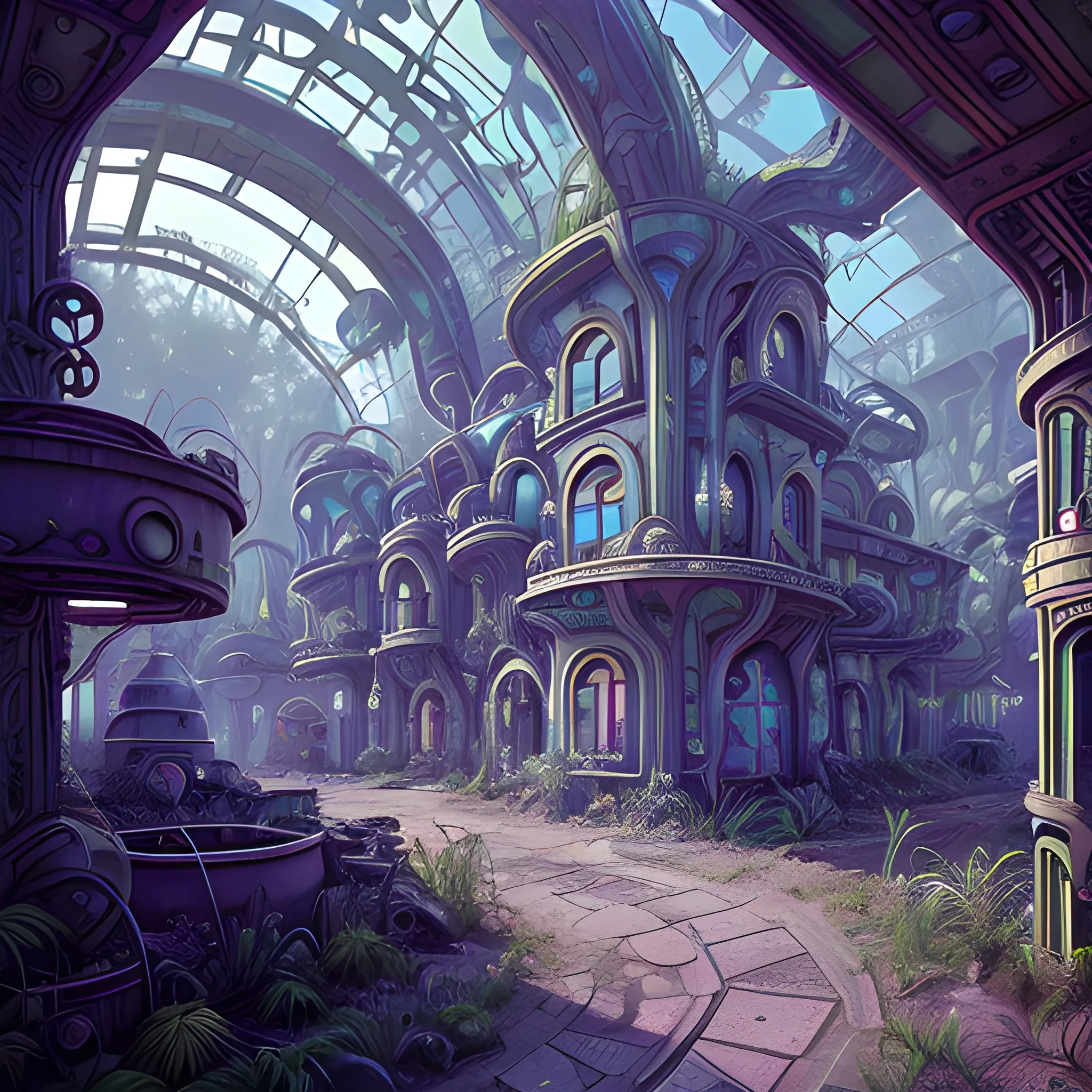 old abandoned alien city, armor shops, magic potion shops, art nouveau, animation art, dark fantasy, overgrown with very lush vegetation, cinematic, smooth, detailed, hyperrealism, light reflection, post production, post processing, 8k, retouching, HDR, super resolution, soft lighting, global illumination Ray Tracing, lumen highlights, POWERFUL color palette, art deco, Cartoon, Trippy