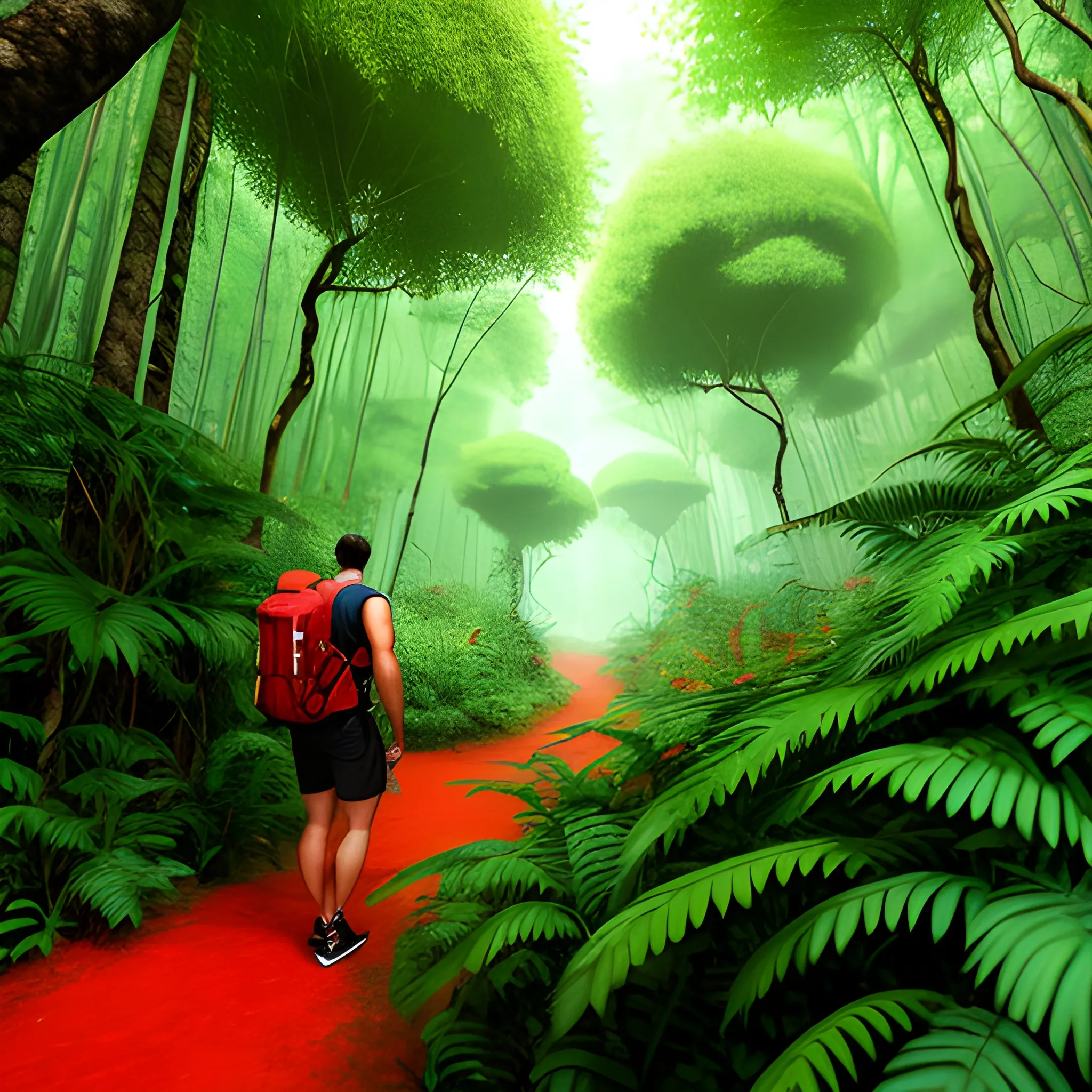 a 10 years old boy walking in a jungle, alone, brings red backpack, a rhine peeking form the bushes, 3D