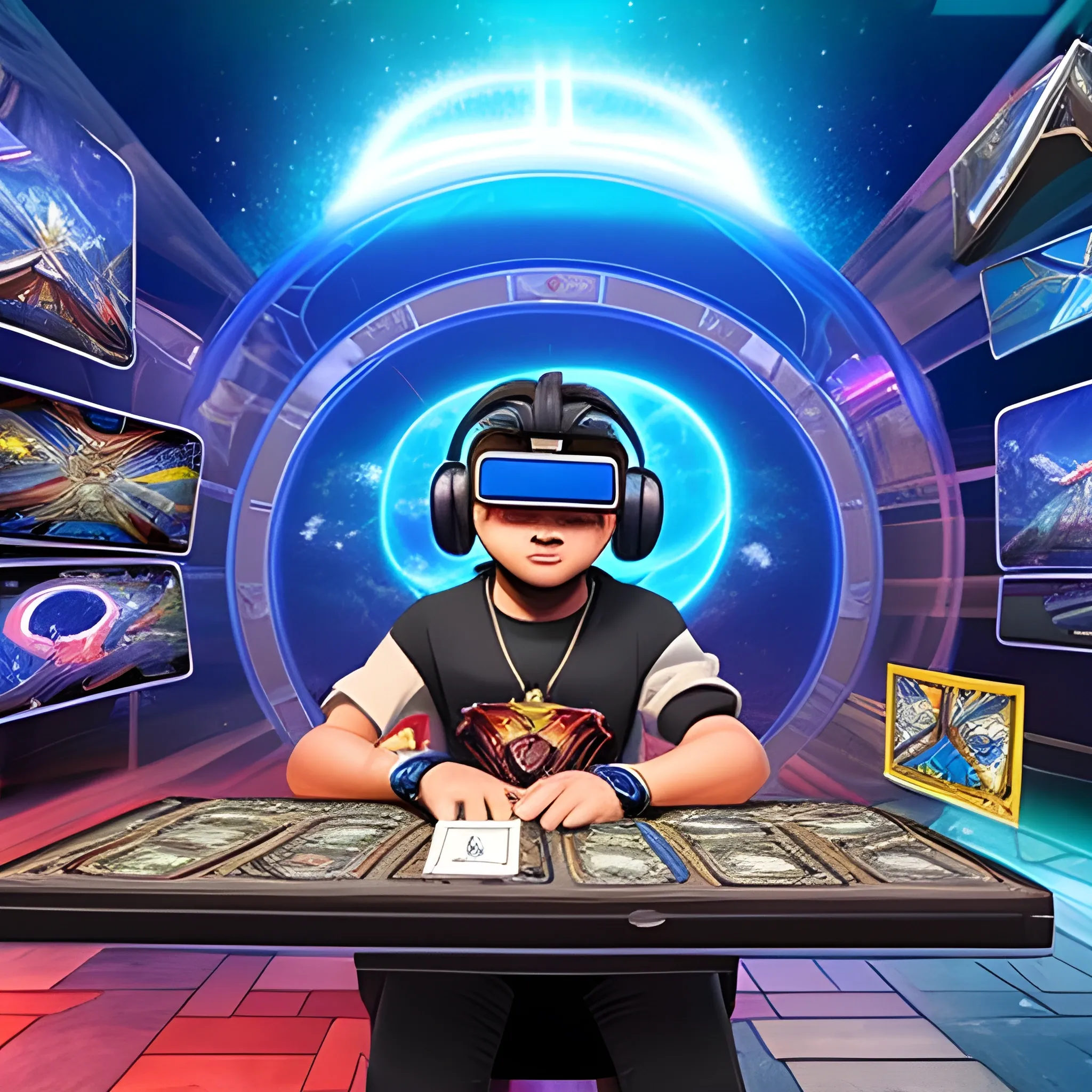 un jugador de realidad virtual dentro una isla donde llueven cartas de yugioh