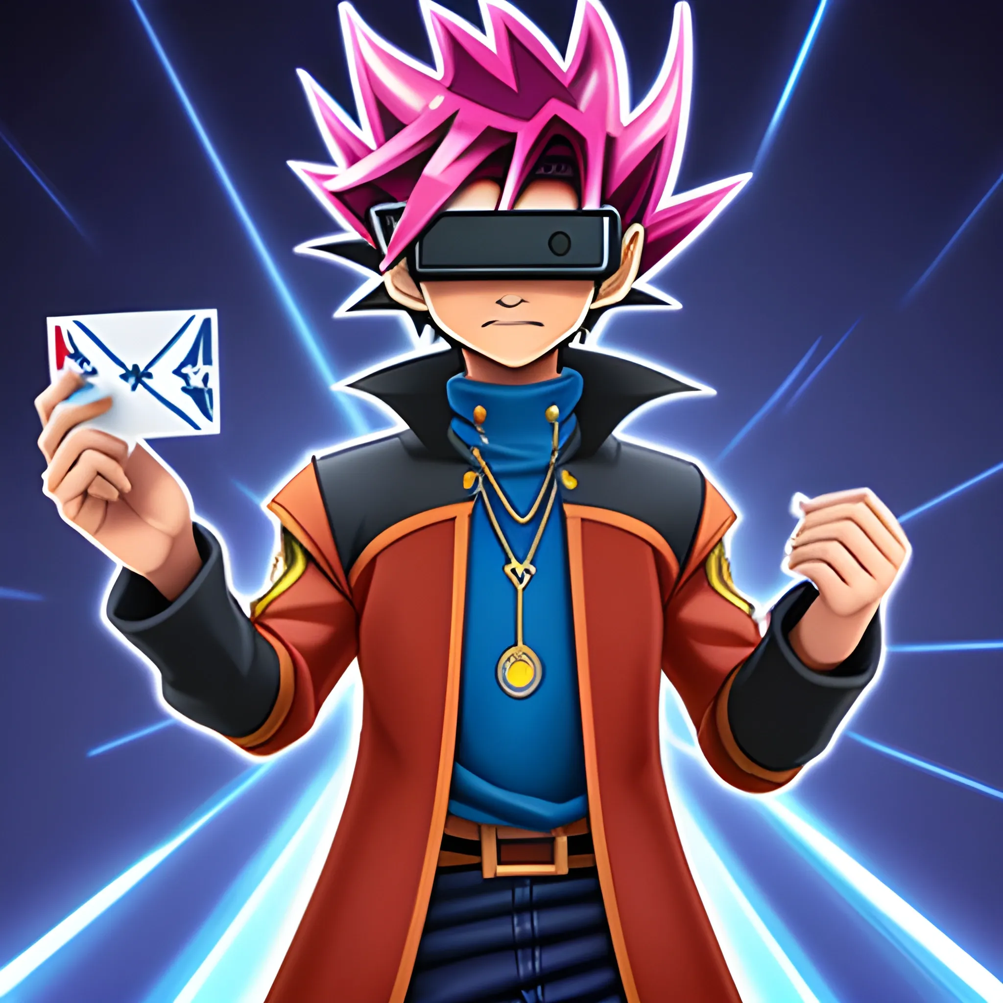 un personaje de realidad virtual, llueven cartas de yugioh Cartoon