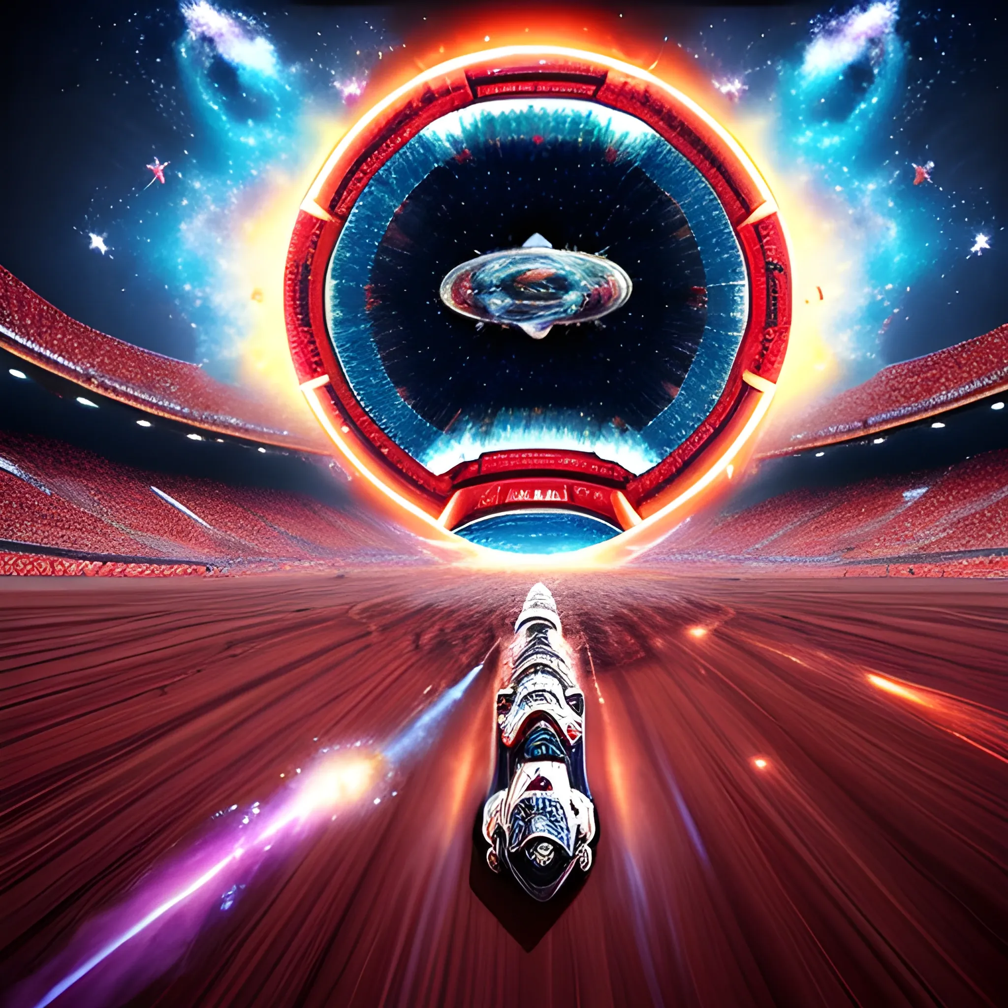 A thrilling depiction of a high-stakes match unfolds on a vibrant, interstellar stage: a cosmic colosseum where galaxies clash and explode in bursts of stardust. At the heart of the action, the red and white emblem of a triumphant team - let's call them "Chivas Cup" - emerges victorious from the chaos. They've conquered the league, defying the odds and leaving a trail of defeated competitors in their wake. This captivating, surreal scene evokes the energetic atmosphere of a sports event through the lens of cosmic wonder, resulting in a triumphant, dynamic, and galactic piece of abstract art