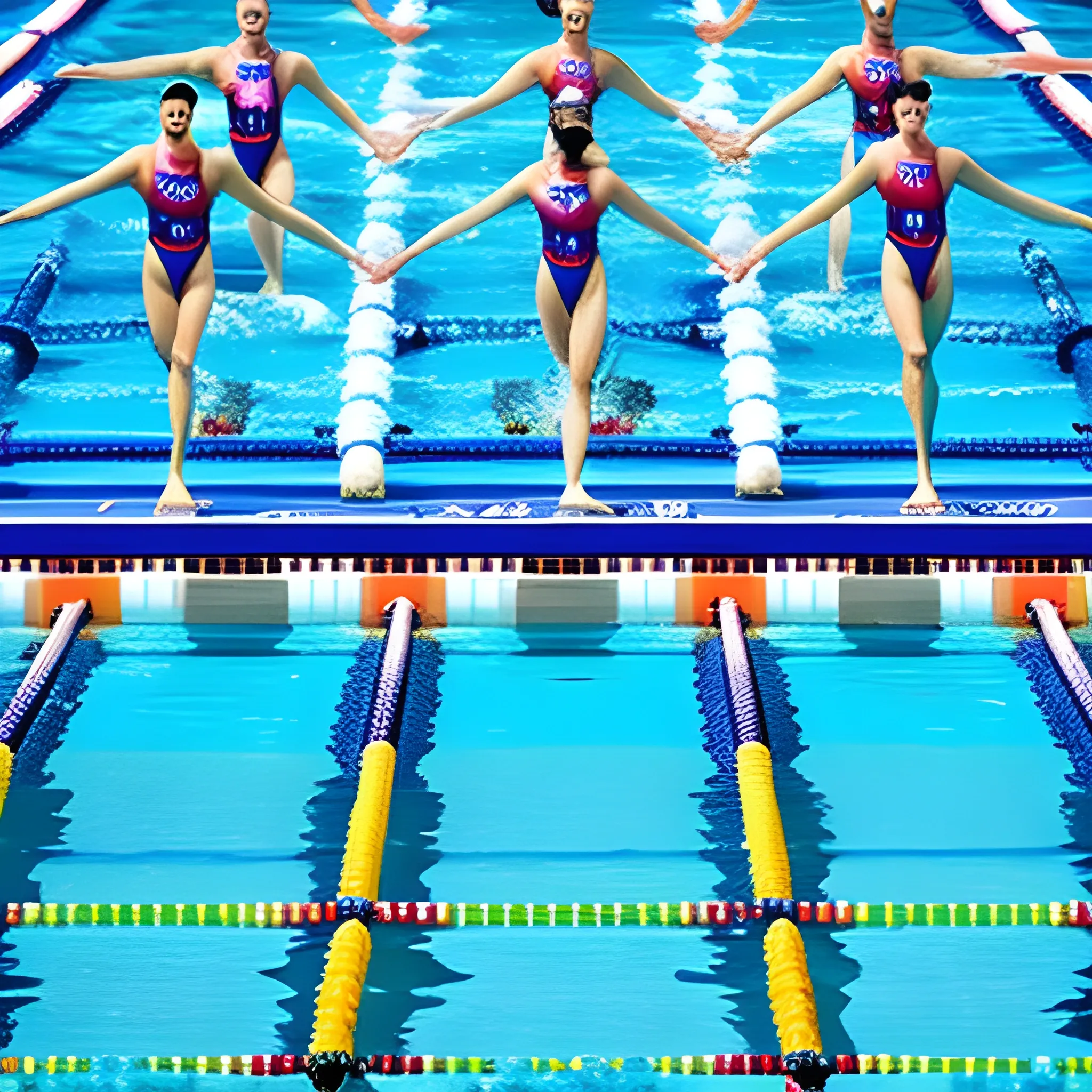 A group of fierce swimmers surge through the crystal-clear waters of the Olympic pool, their vibrant suits like a kaleidoscope of colors against the pristine backdrop. The rhythmic symphony of water meets the cries of the crowd as they battle for the finish line, their faces etched with determination and awe.