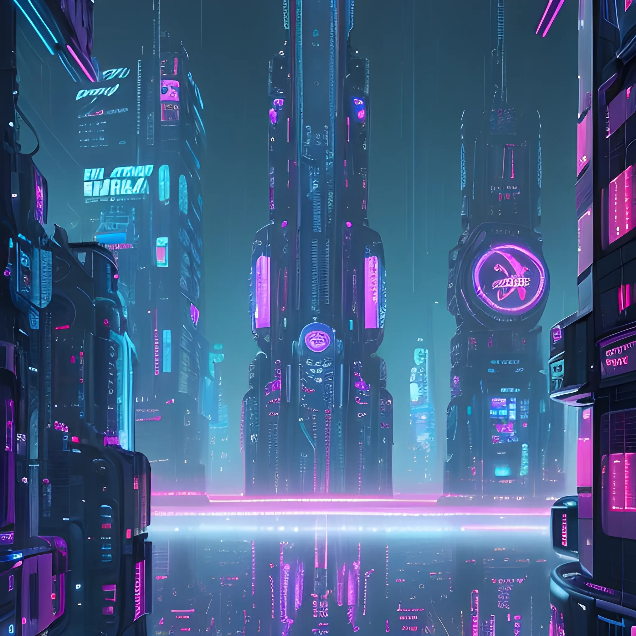 A high-definition, futuristic, cyberpunk-style sci-fi poster featuring a colossal mechanical robot with intricate details, illuminated by neon blue and pink lights. The backdrop is a dense, neon-lit cityscape filled with towering skyscrapers, holographic advertisements, and flying vehicles. The atmosphere is intense and vibrant, characterized by glowing signs, rain-soaked streets, and a sense of technological dystopia. Elements like smoke, sparks, and reflections add depth and enhance the immersive cyberpunk aesthetic.