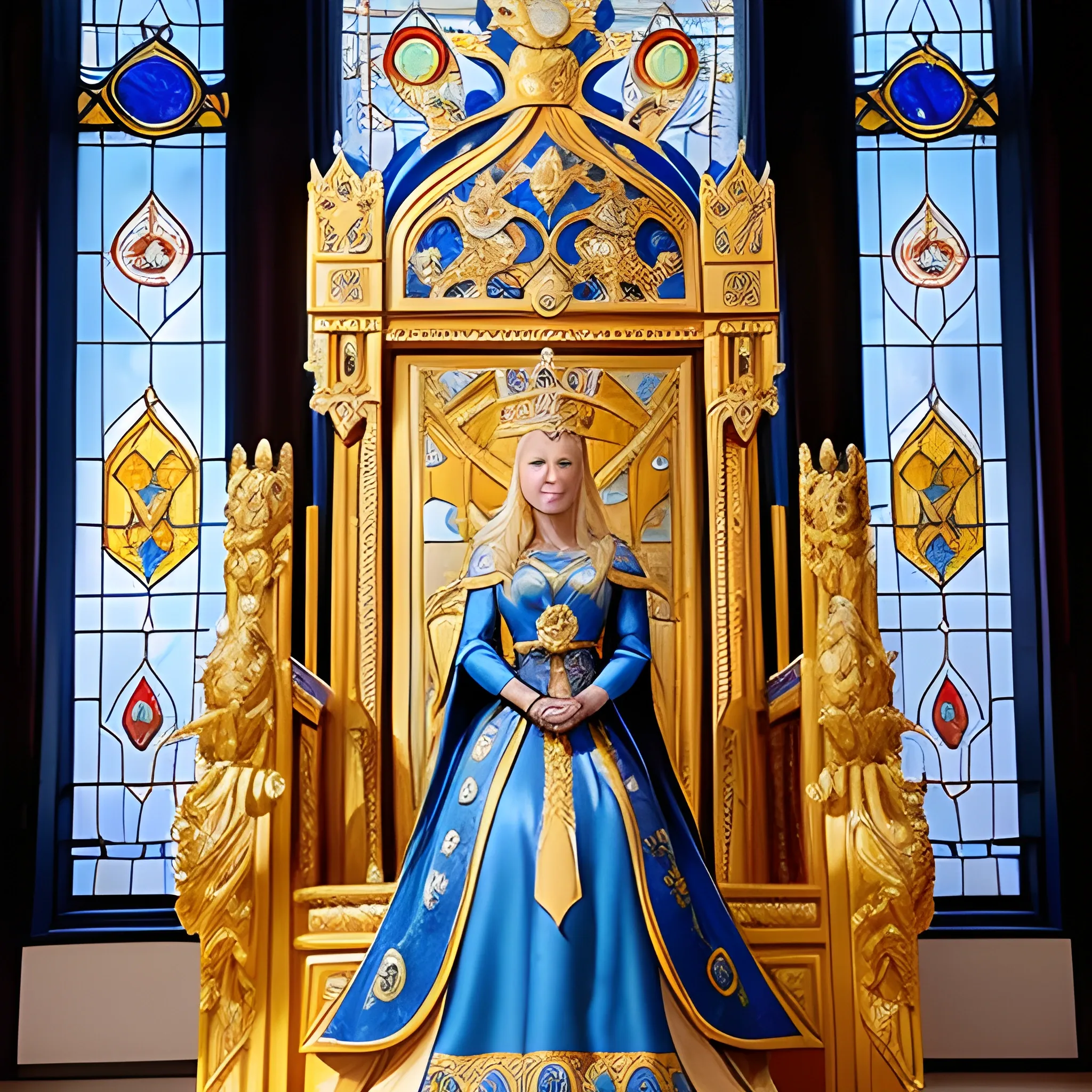 1woman, solo, Queen Elisif, adult, long blonde hair, ornate crown, regal blue and gold gown, mixture of pride and concern on face, standing beside throne, Blue Palace throne room backdrop, 3/4 view, bright sunlight through stained glass windows