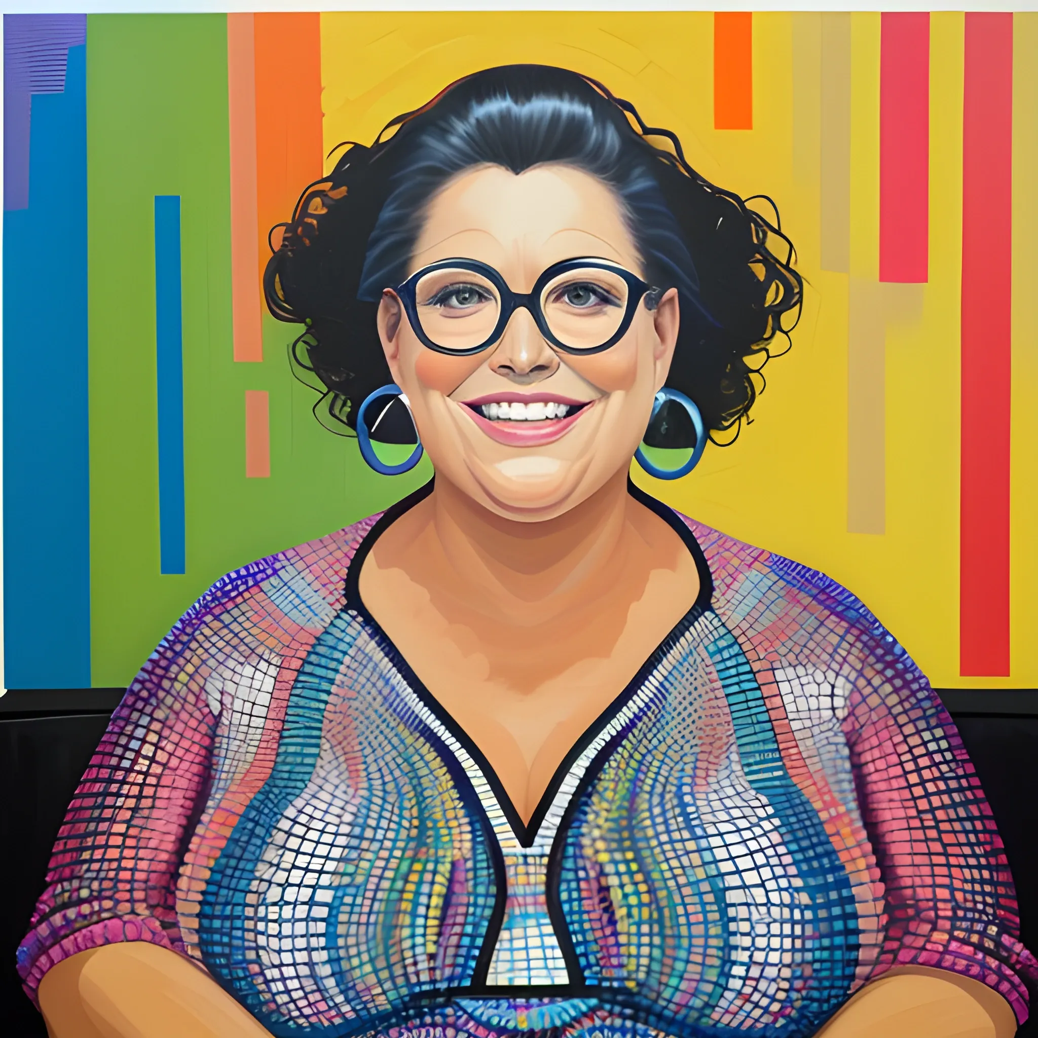 A full-figured, mature woman with a radiant smile and a confident demeanor sits in a stylish, modern living room. She wears a fa... Contemporary Realism. acrylic painting. Contemporary Art by Chuck Close