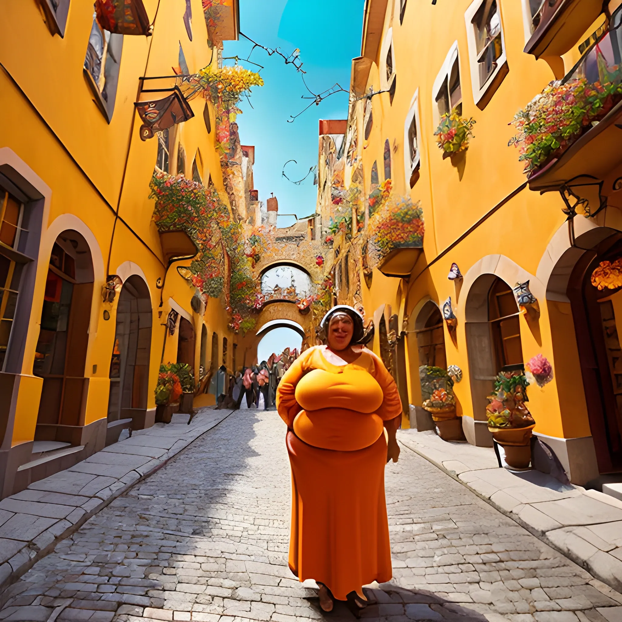 A full-figured, mature woman standing in street with a radiant smile and a confident demeanor sits in a stylish, A narrow cobblestone street bathed in warm, flickering light, with towering buildings painted in vibrant oranges and ochre hues. Overhanging vines cascade like vivid tapestries, casting playful shadows on enchanting shops brimming with whimsical inventions.