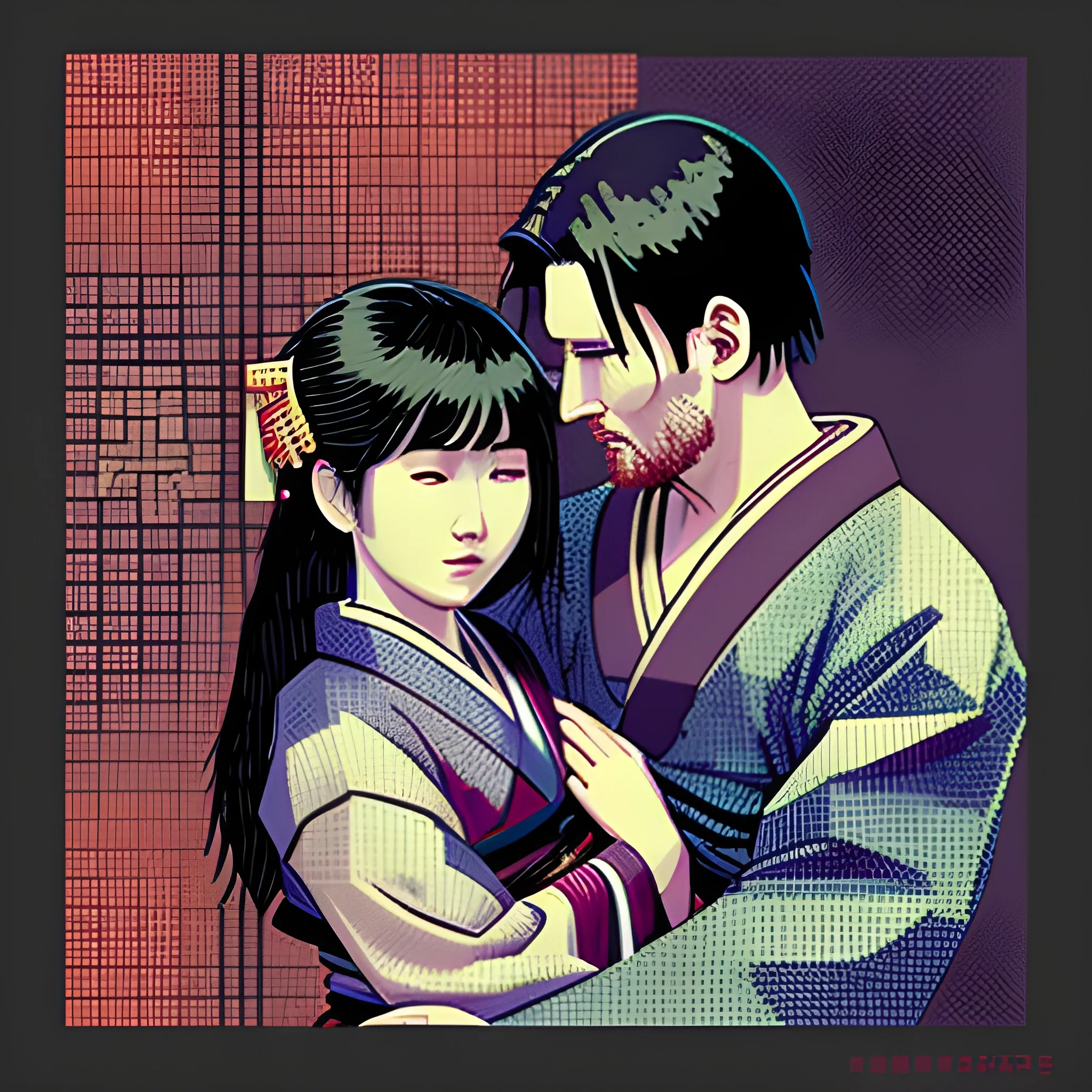 Lionel Messi wearing a traditional Japanese kimono, holding a Japanese woman in his arms, in a serene Japanese garden, (dark colors, cyberpunk background, retro game style, pixel style, 8-bit)