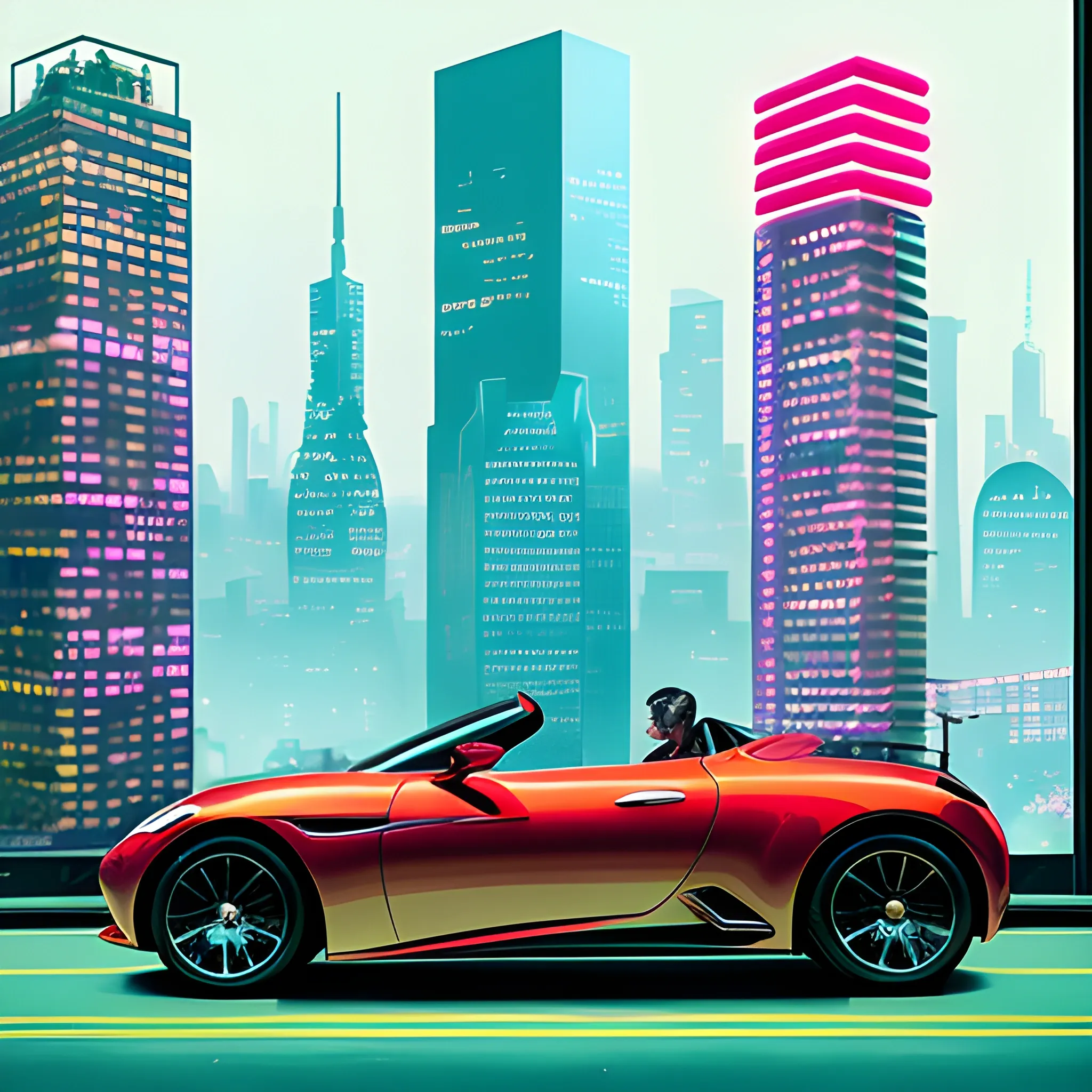 Sophisticated gazes dart between towering skyscrapers as a sleek, scarlet roadster glides effortlessly through the urban jungle, accompanied by a dashing figure with a dynamic, effortless air. Neon lights reflect off the polished chrome as the city's pulsating energy courses through the scene like an electric current, illuminating the bright, optimistic hues of the vibrant metropolis. 