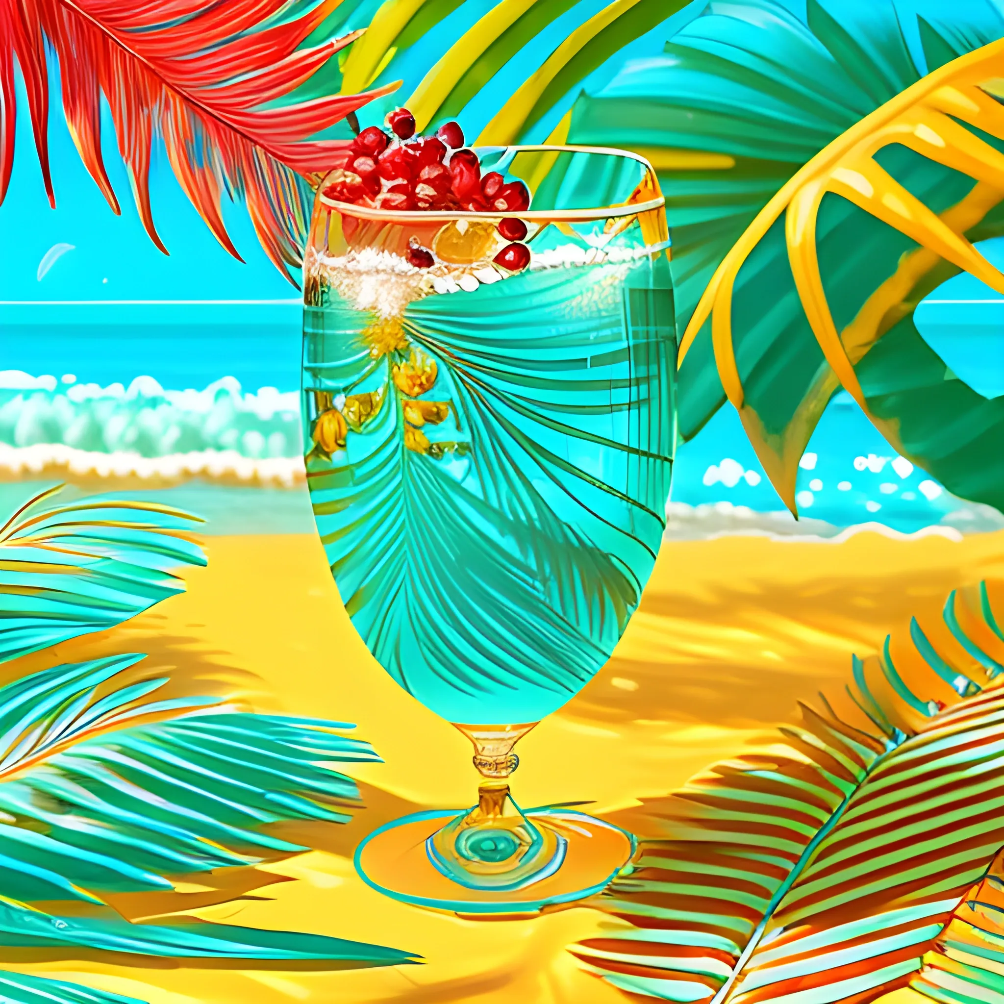 A cascading glass of vibrant turquoise liquid adorned with leafy fronds and juicy orbs of pomegranate, reflecting sunlight on golden sands, reminiscent of a tropical paradise. - Tropical beach background, impressionist vibes