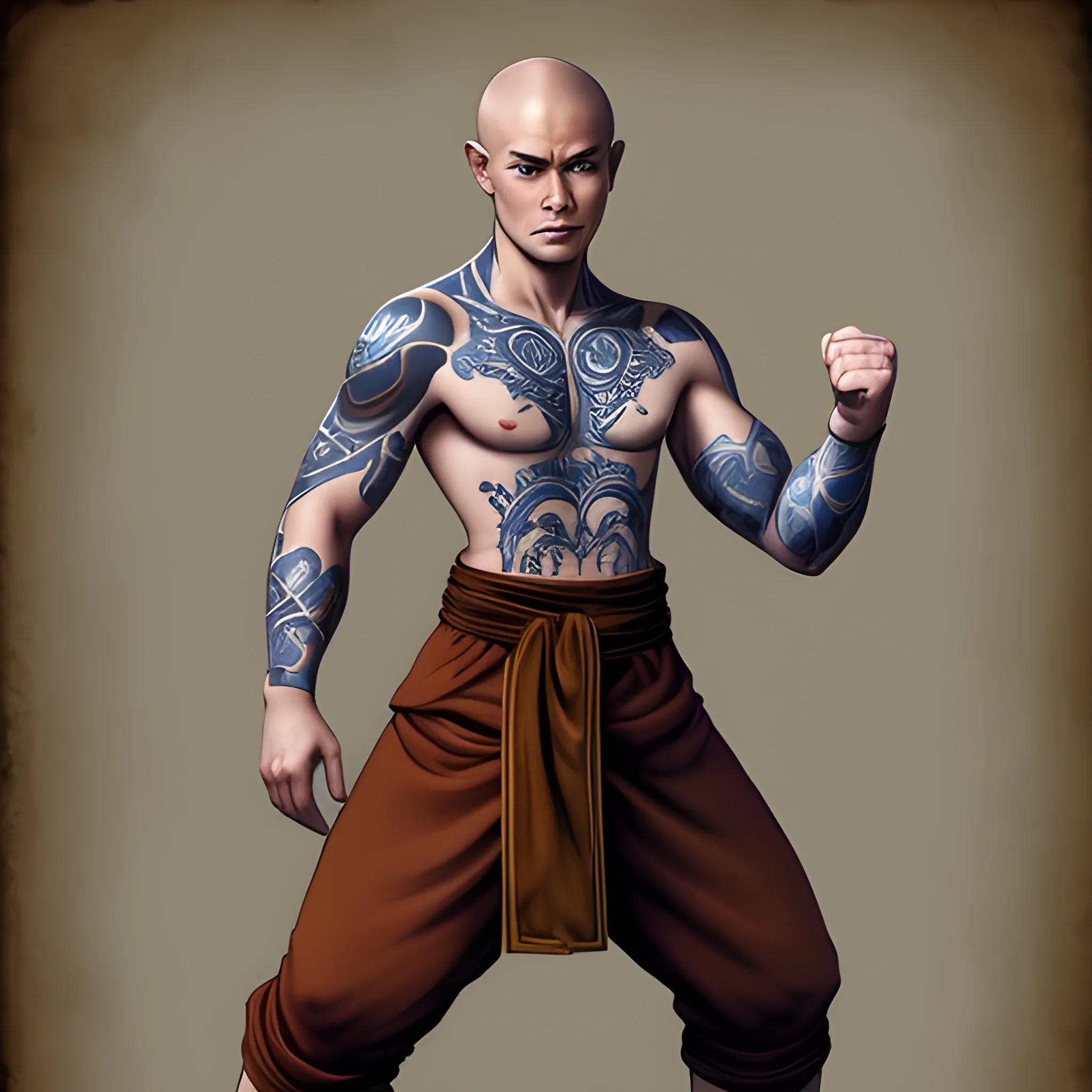 Dnd character, human monk, bold head, ho hair, no beard, blue eyes, many tattoos, 20 years old, show standing up. Show full body on image, light cloths, body slim like bruce lee. Do not use NSFW content