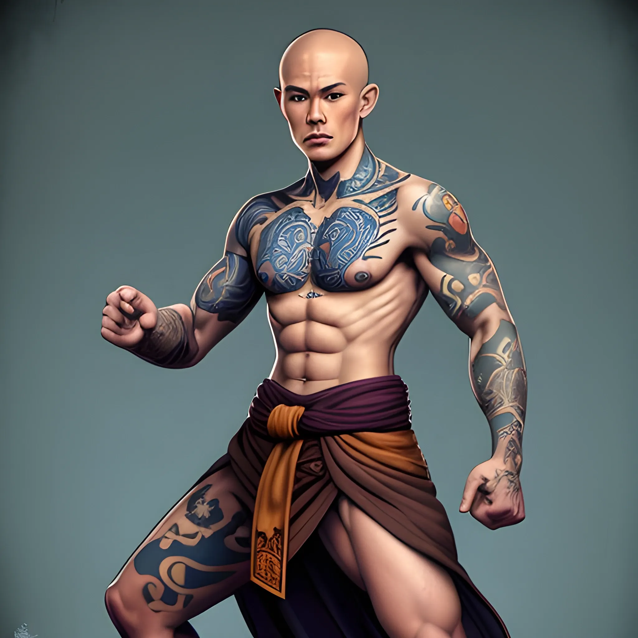 Dnd character, human monk, bold head, ho hair, no beard, blue eyes, many colourful tattoos, 20 years old, show standing up. Show full body on image, light cloths, body slim like bruce lee. Do not use NSFW content