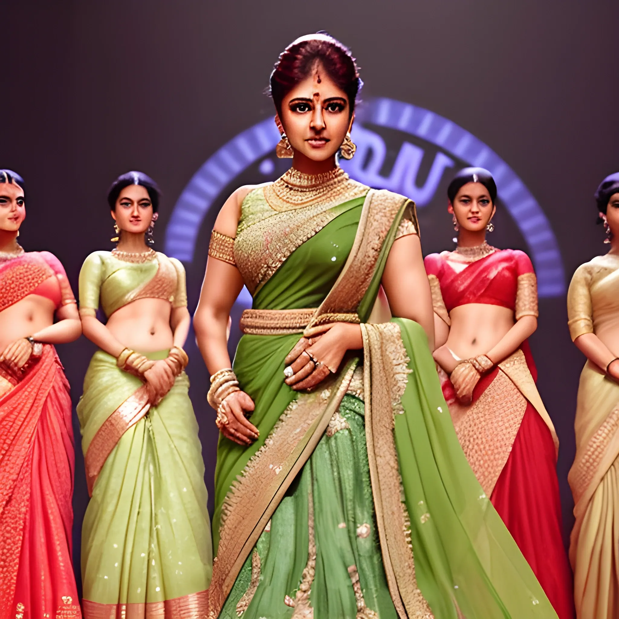 A group image of ten actresses on a grand stage, each one captivating the audience with their unique acting style during a film competition. The scene is inspired by a classic Indian cinema movie, with the stage adorned with intricate decorations and bright lights.Anushka, tall and strong, stands confidently in the center, delivering her lines with grace and poise. She has a charming smile and wears an elegant saree with delicate gold embroidery. Her hair is styled in a neat updo, showcasing her striking features.Trisha, gorgeous and notorious, displays an intense expression as she performs her part. She wears a stunning lehenga in deep red, with intricate beadwork and sequins. Her hair cascades down her shoulders in soft curls, and her eyes sparkle with determination.n Nayanthara, strong and cold, embodies her character with precision and dominance. She wears a sophisticated salwar kameez in soothing shades of green, with delicate embroidery along the neckline. Her hair is pulled back into a sleek ponytail, emphasizing her sharp