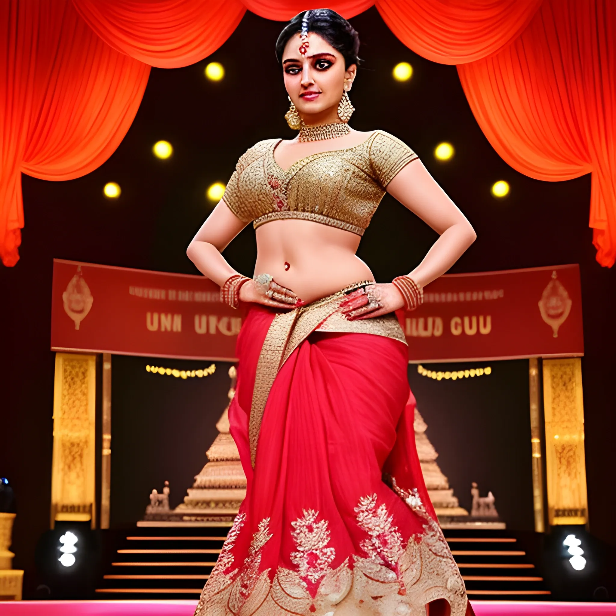 A group image of ten actresses on a grand stage, each one captivating the audience with their unique acting style during a film competition. The scene is inspired by a classic Indian cinema movie, with the stage adorned with intricate decorations and bright lights. Anushka, tall and strong, stands confidently in the center, delivering her lines with grace and poise. She has a charming smile and wears an elegant saree with delicate gold embroidery. Her hair is styled in a neat updo, showcasing her striking features.Trisha, gorgeous and notorious, displays an intense expression as she performs her part. She wears a stunning lehenga in deep red, with intricate beadwork and sequins. 