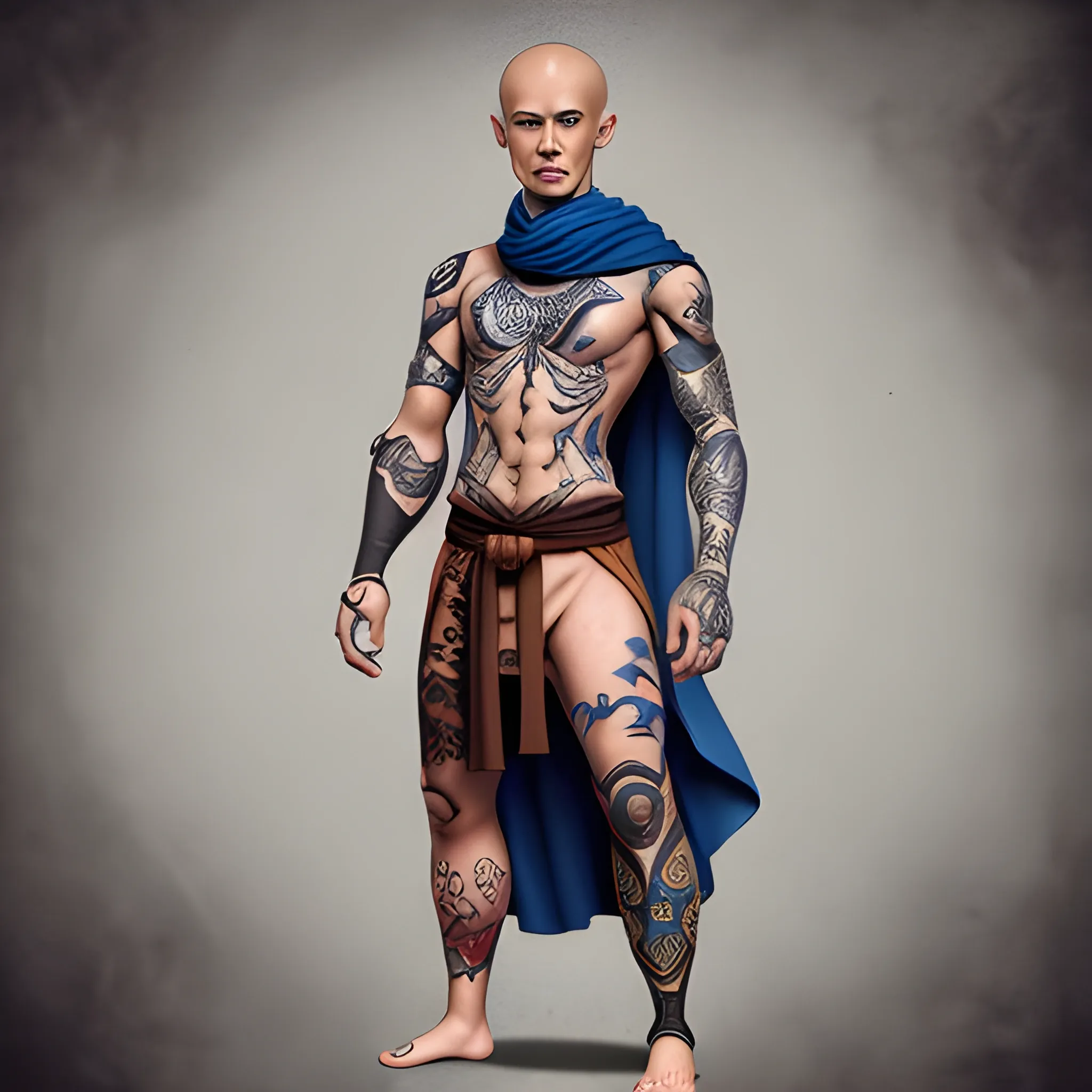 Dnd character, human monk, bold head, ho hair, no beard, blue eyes, many colourful tattoos, tattoo on skull, 20 years old, show standing up. Show full body on image, light cloths, body slim like bruce lee. Do not use NSFW content