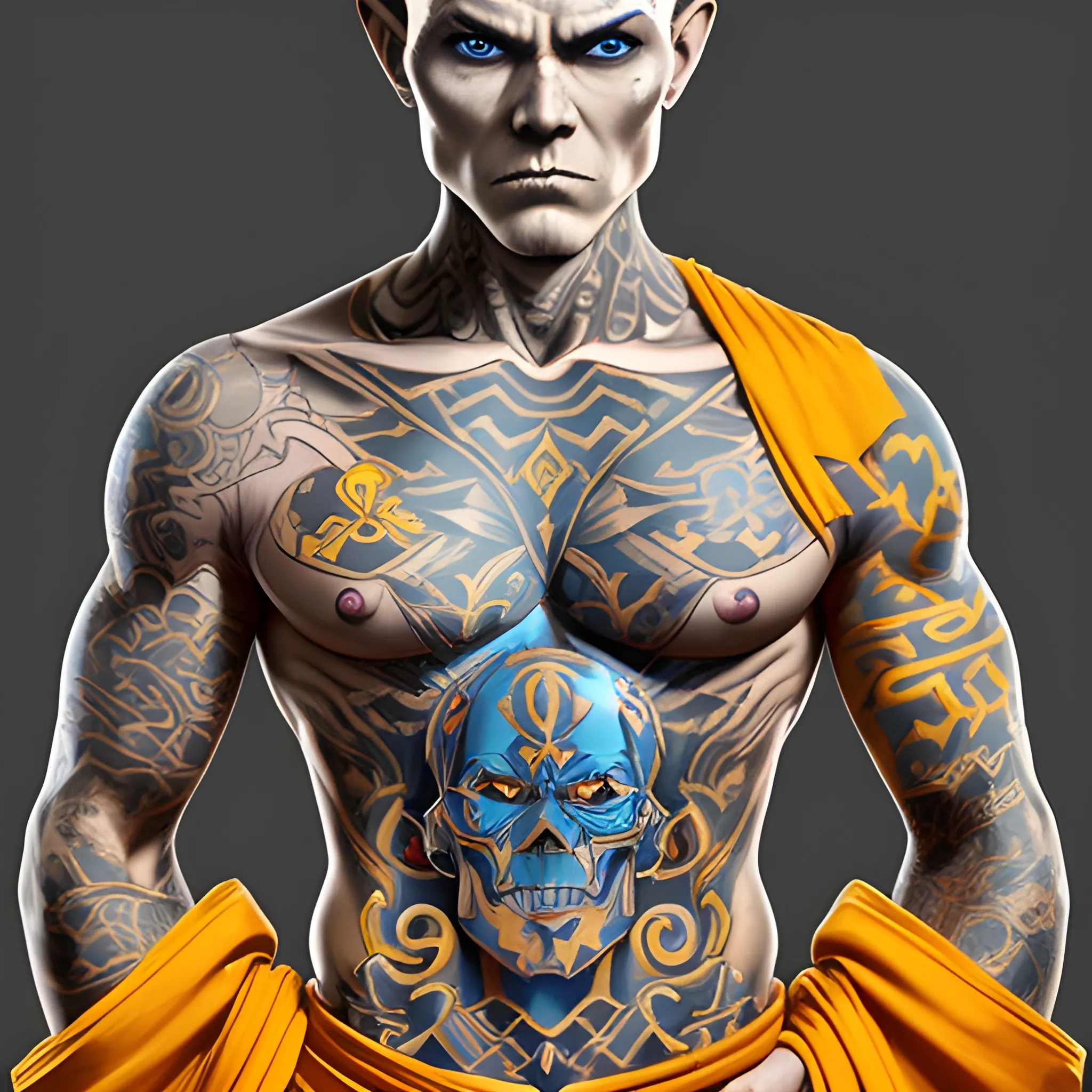 Dnd character, human monk, bold head, ho hair, no beard, blue eyes, many colourful tattoos, tattoo on skull, 20 years old, show standing up. Show full body on image, light yellow cloths, body slim like bruce lee. Do not use NSFW content