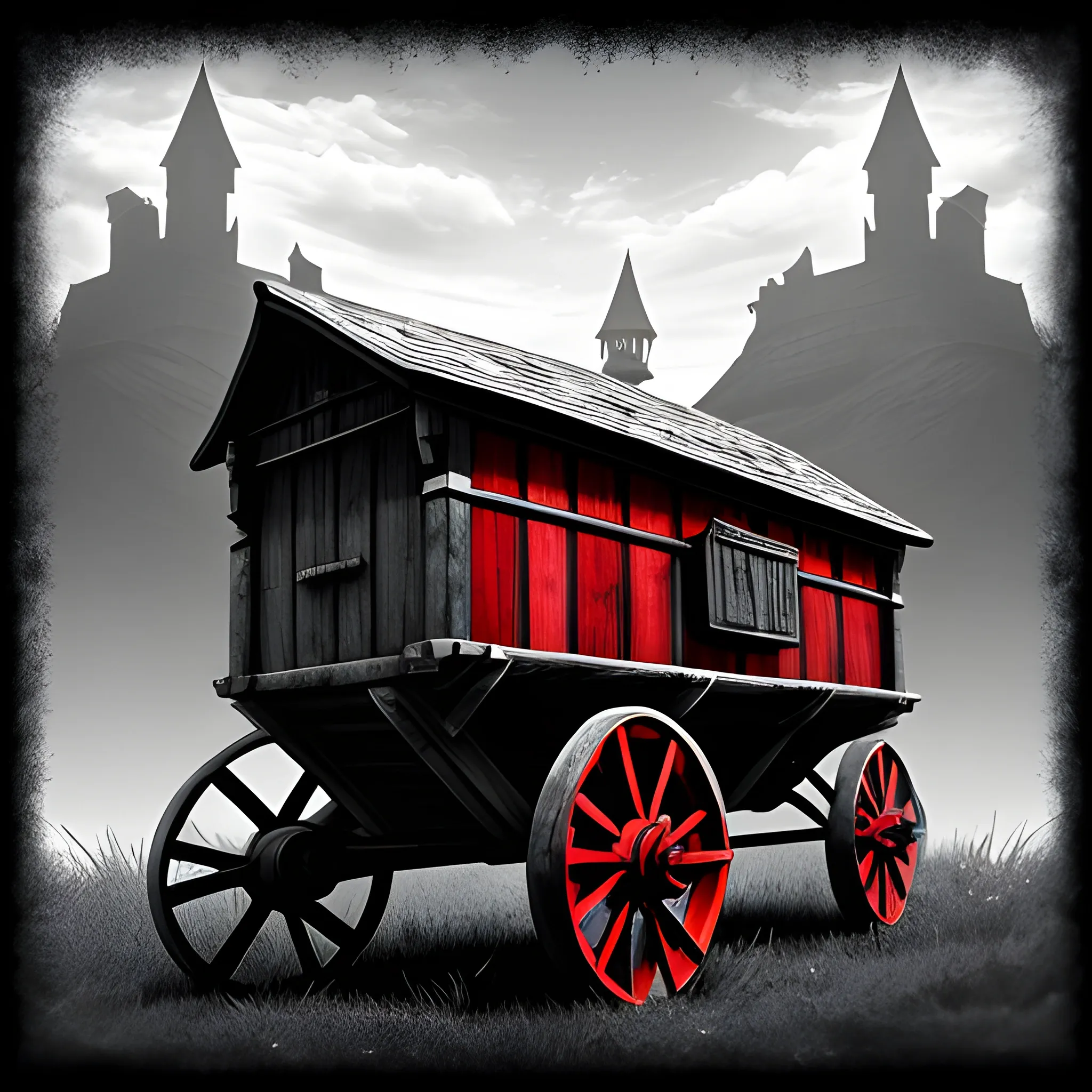 Fantasy,  Monochrome, Red, Black,Merchant, Wagon