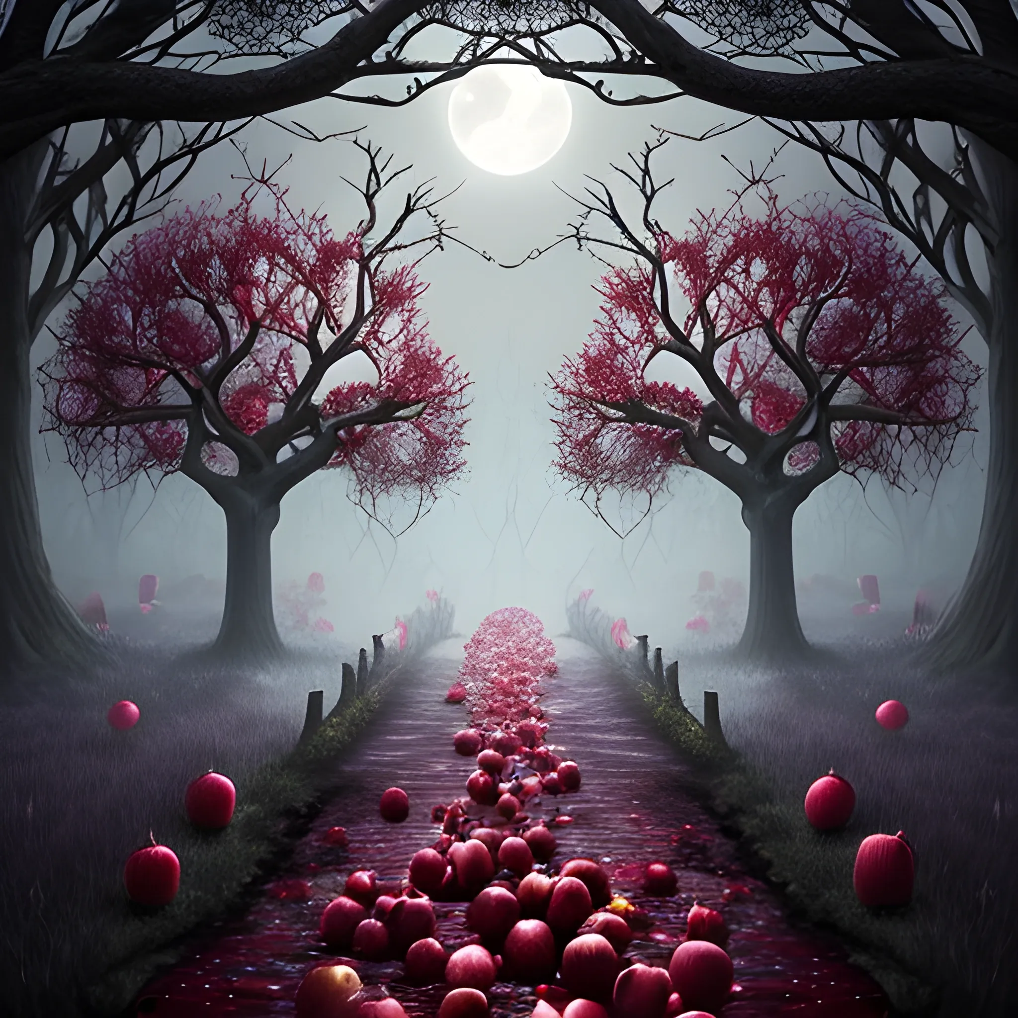 A fantastical, moonlit orchard overflows with juicy, crimson fruit, as a few rotten apples scattered among the branches seem to leer with mischief, their decay illuminated by an eerie, ethereal glow.