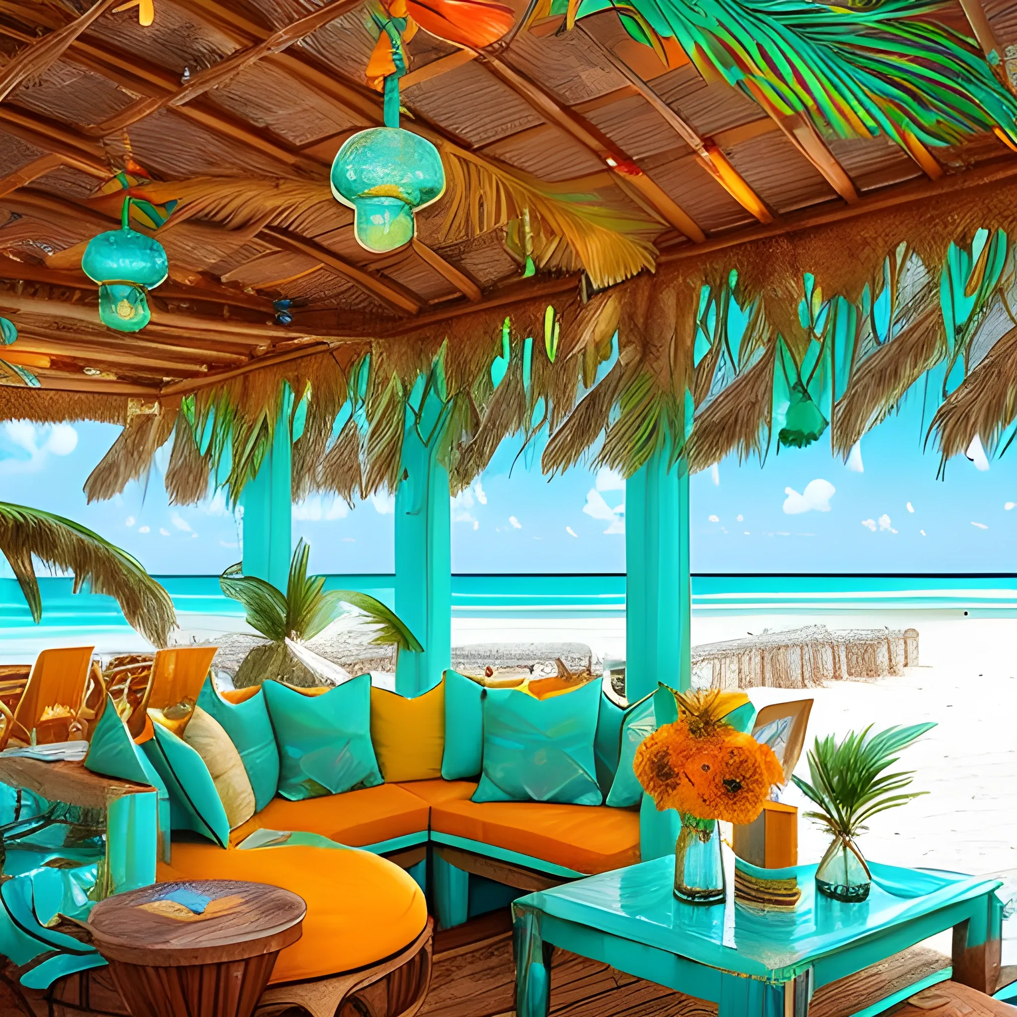 A radiant, sun-kissed glass overflowing with an iridescent blend of turquoise and citrus hues, garnished with a delicate frond of emerald green and a sprinkling of crushed ice, sits atop a distressed wooden beach bar, surrounded by the worn, sandy toes of vacationers