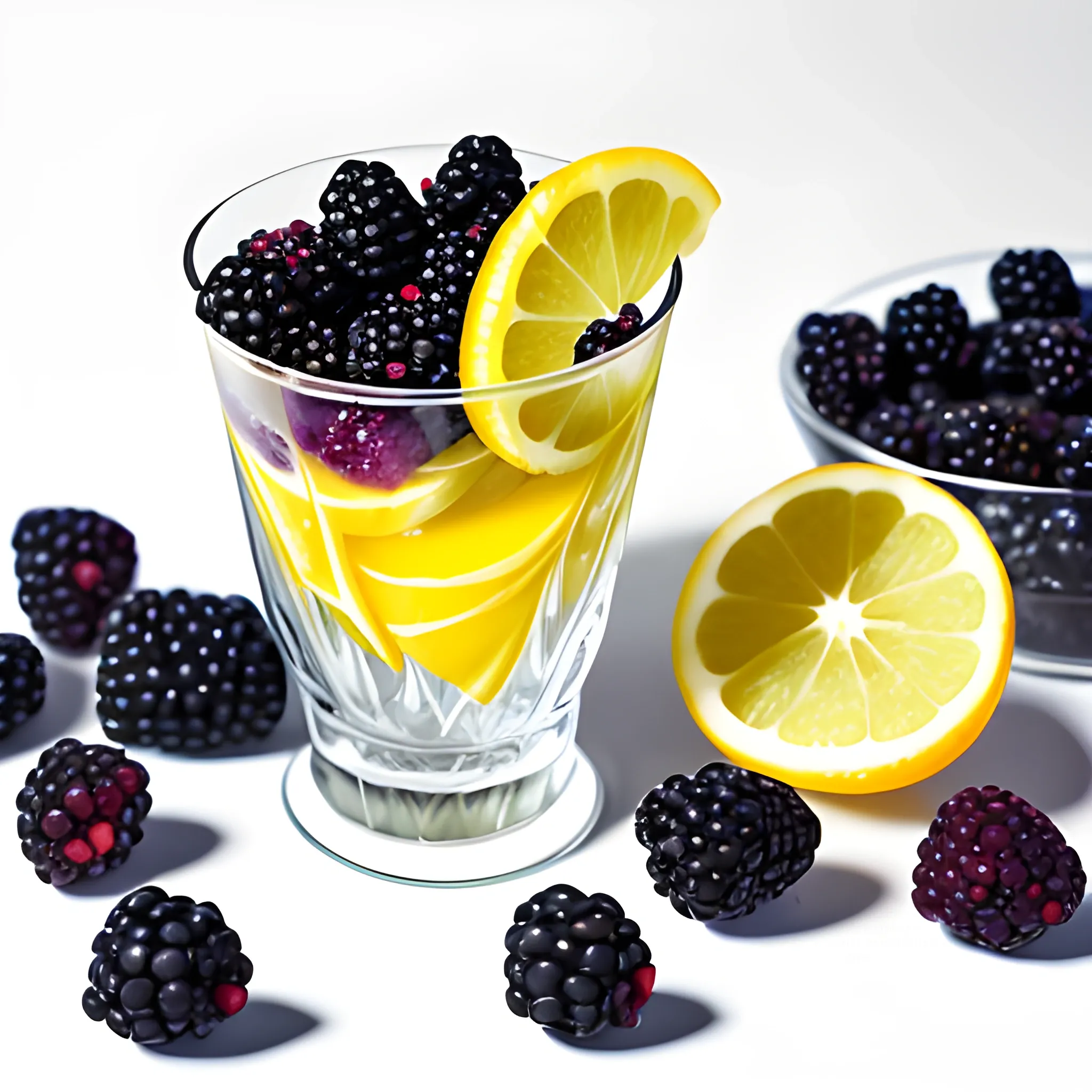 blackberries in a glass with citrus slices and lemongrass on a white background with bokeh and copy space in the foreground , bright , summery , delicious , colorful , abstract , nature , food 