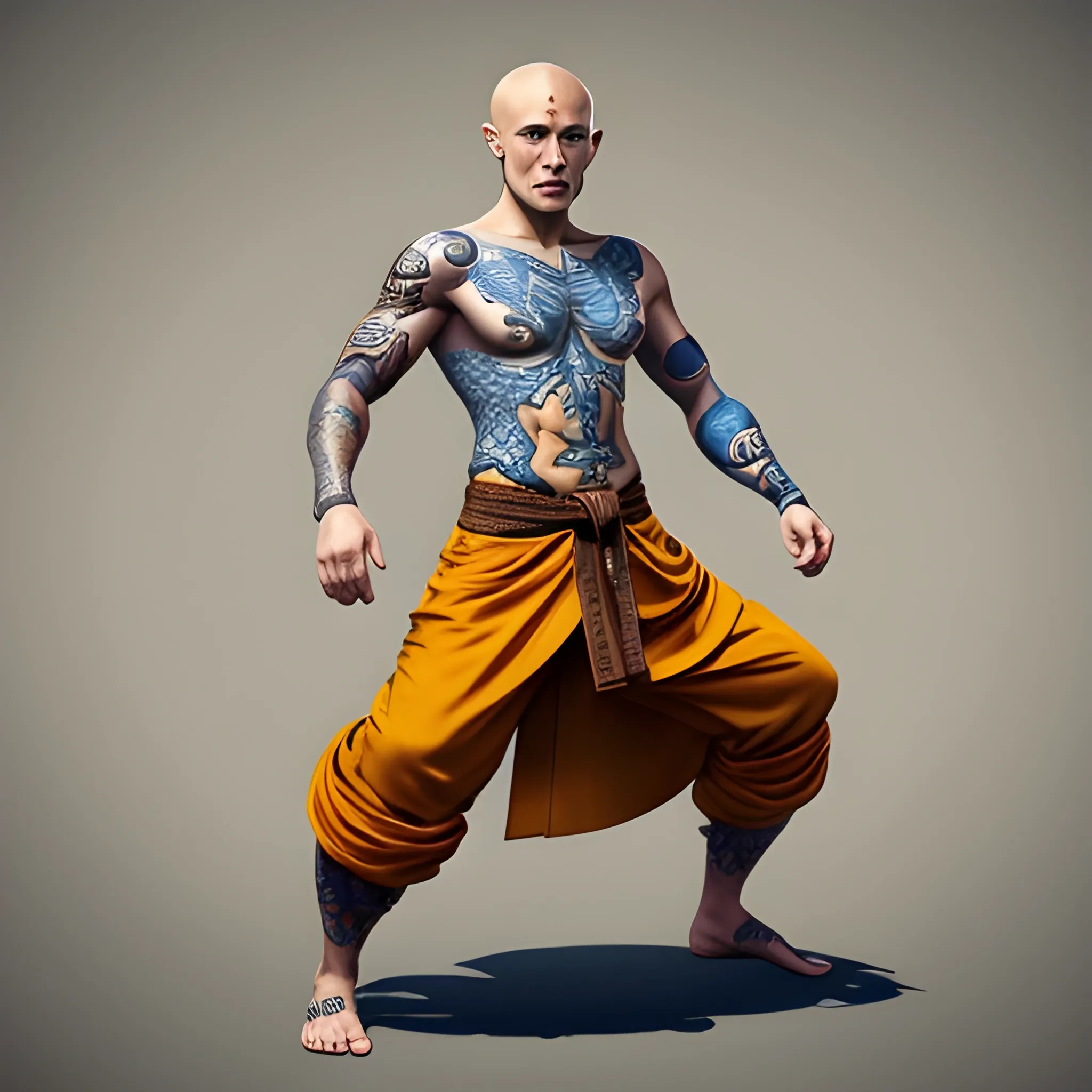 Dnd character, human monk, bold head, ho hair, no beard, blue eyes, many colourful tattoos, tattoo on skull, 20 years old, show standing up. Show full body on image, light yellow cloths, body slim like bruce lee. 