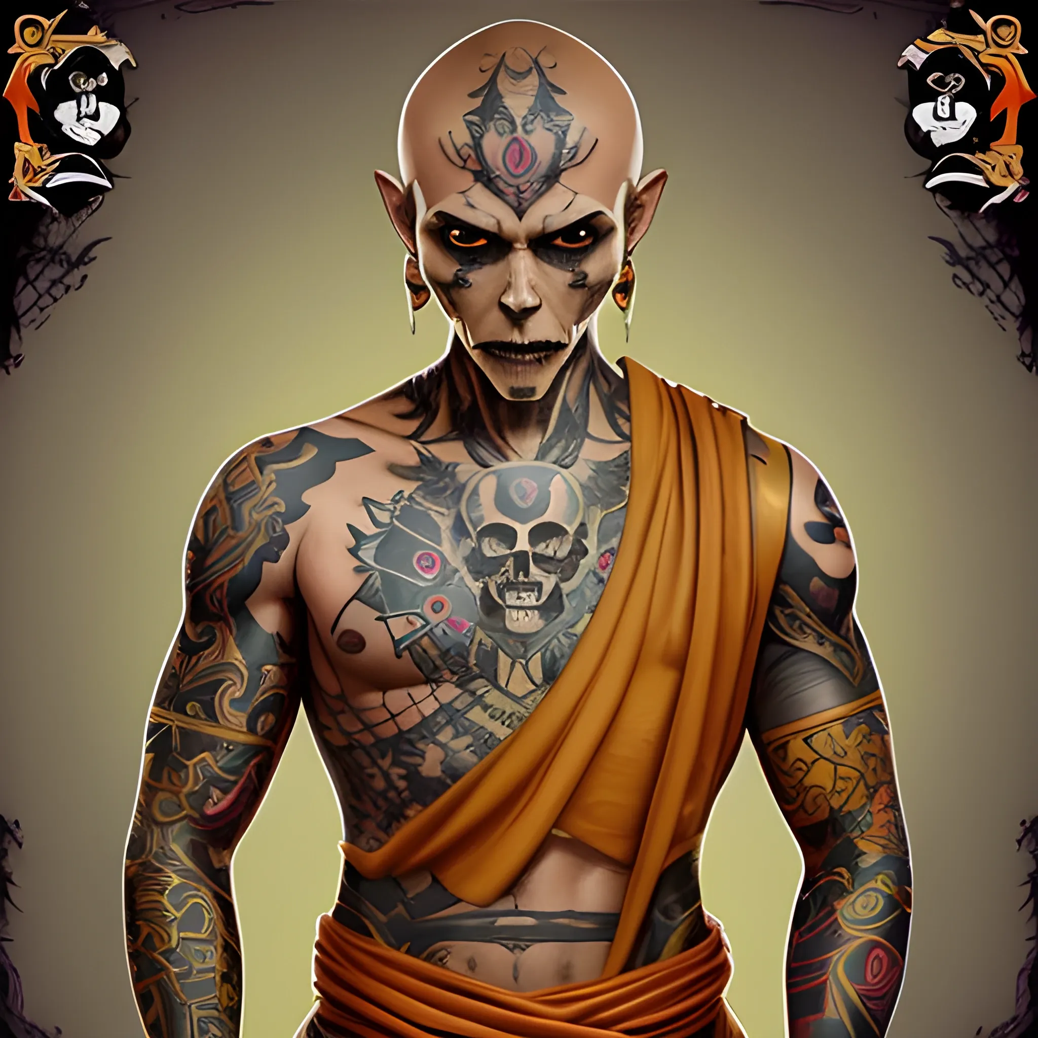 Dnd character, human monk, bold head, ho hair, no beard,  many colourful tattoos, tattoo on skull, 20 years old, show standing up. Show full body on image, light yellow clothes, slim body