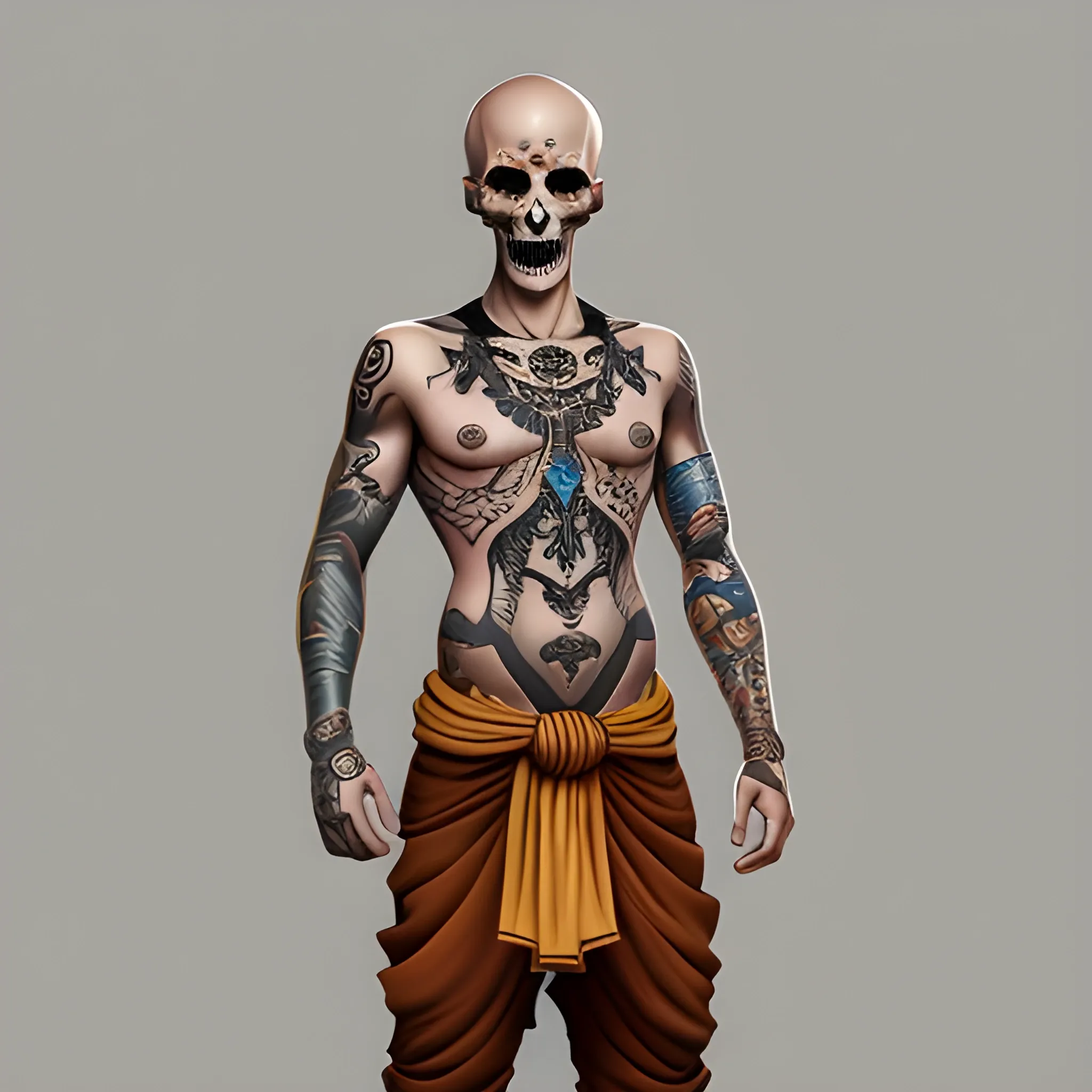 Dnd character, human monk, bold head, ho hair, no beard,  many colourful tattoos, tattoo on skull, 20 years old, show standing up. Show full body on image, light yellow clothes, slim body