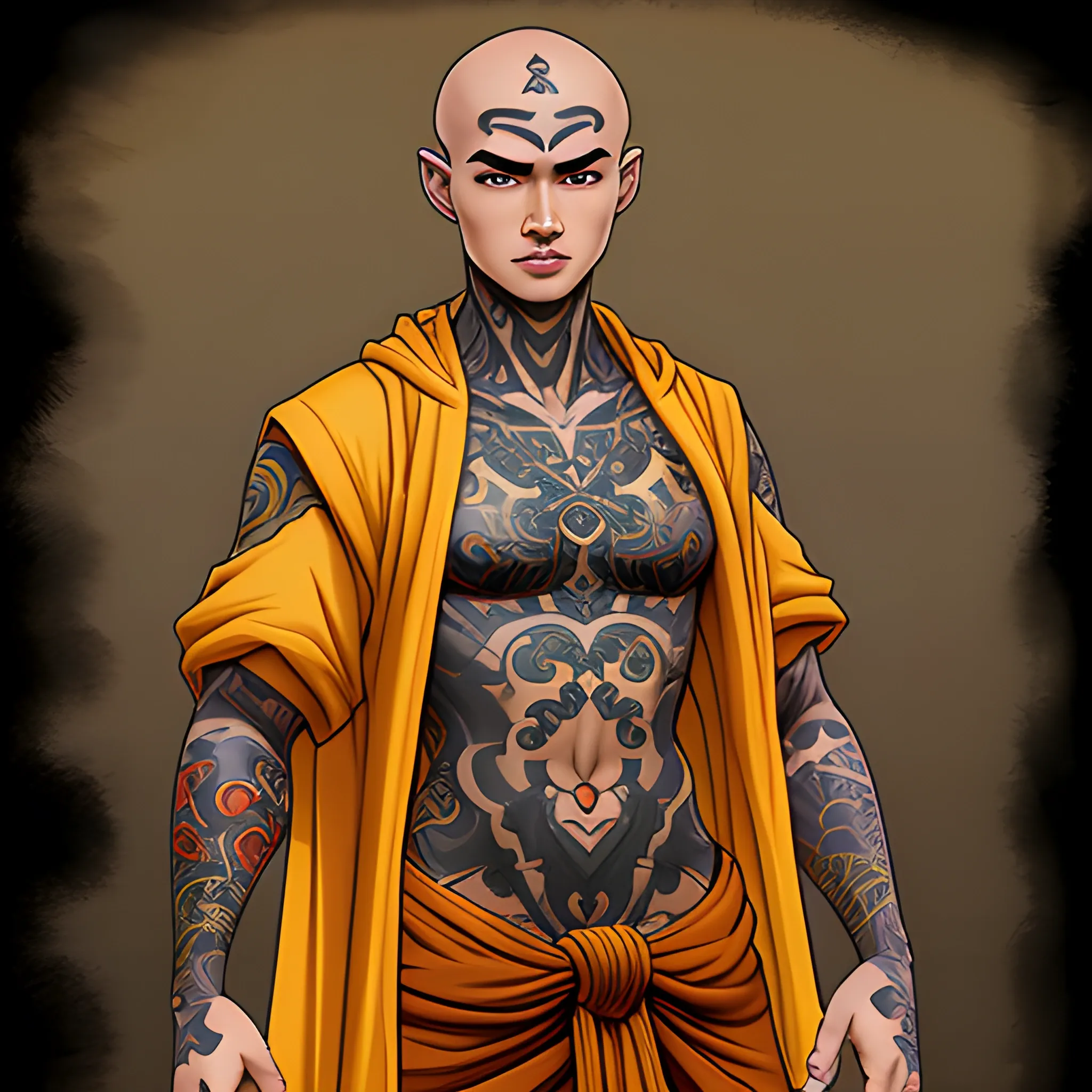 Dnd character, human monk, bold head, ho hair, no beard,  many colourful tattoos, 20 years old, show standing up. Show full body on image, light yellow clothes, slim body