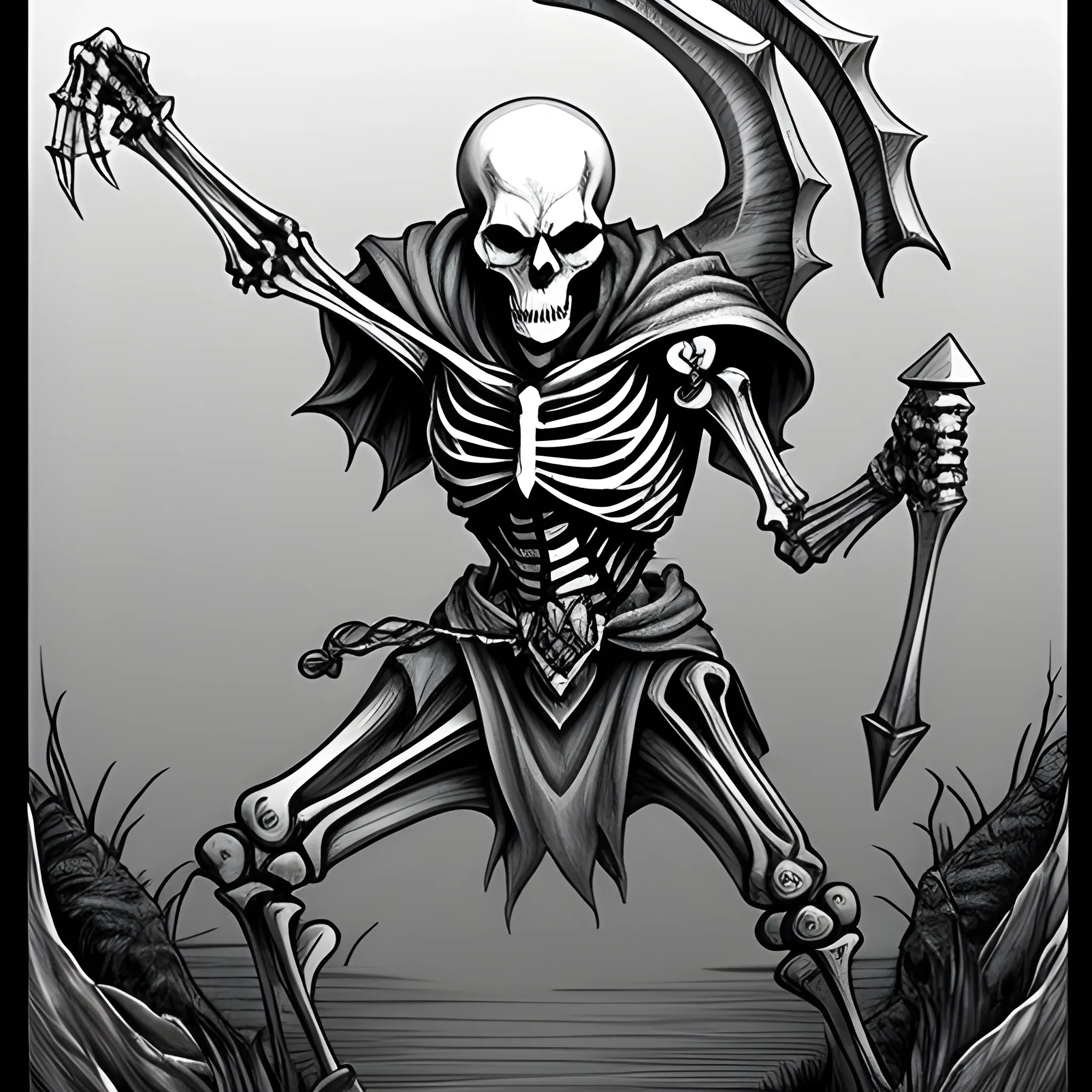 skeleton rising from the ground, dnd style, old school rpg, black and white, line art, Pencil Sketch