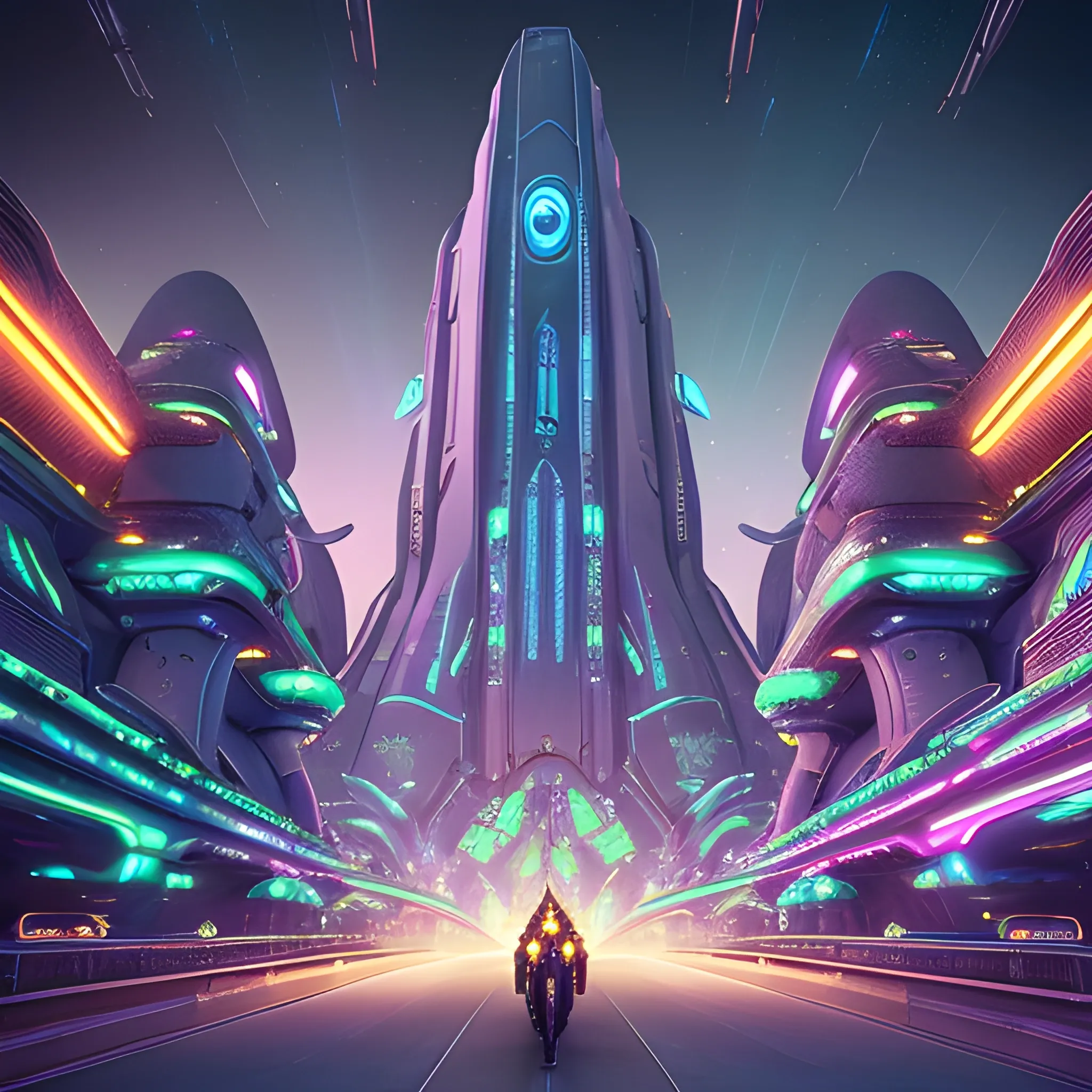 In 2450 Dalien city has towering skyscrapers, temples, churches, intricate architectural designs,& bright-lit pathways.There are flying vehicles hovering above the ground, and the environment is adorned with vibrant light trails.The foreground features several 1k humanoid figures, they live in this advanced civilization, walking along the pathways.Mix of Tech & architecture, & ambience.750k UHD 4D.USS Enterprise starship, illustration, intertwines Harlan Ellison's narrative flair and Matt Jeffries' original vision with detailed Mike & Denise Okuda touches, infused with medieval punk royalty, rustic red gears and neon metallic green levers against a matte gold hull, surrounded by a star-splattered expanse with silhouettes of distant vessels, featuring iridescent diamond gold nacelles in 750 UHD.