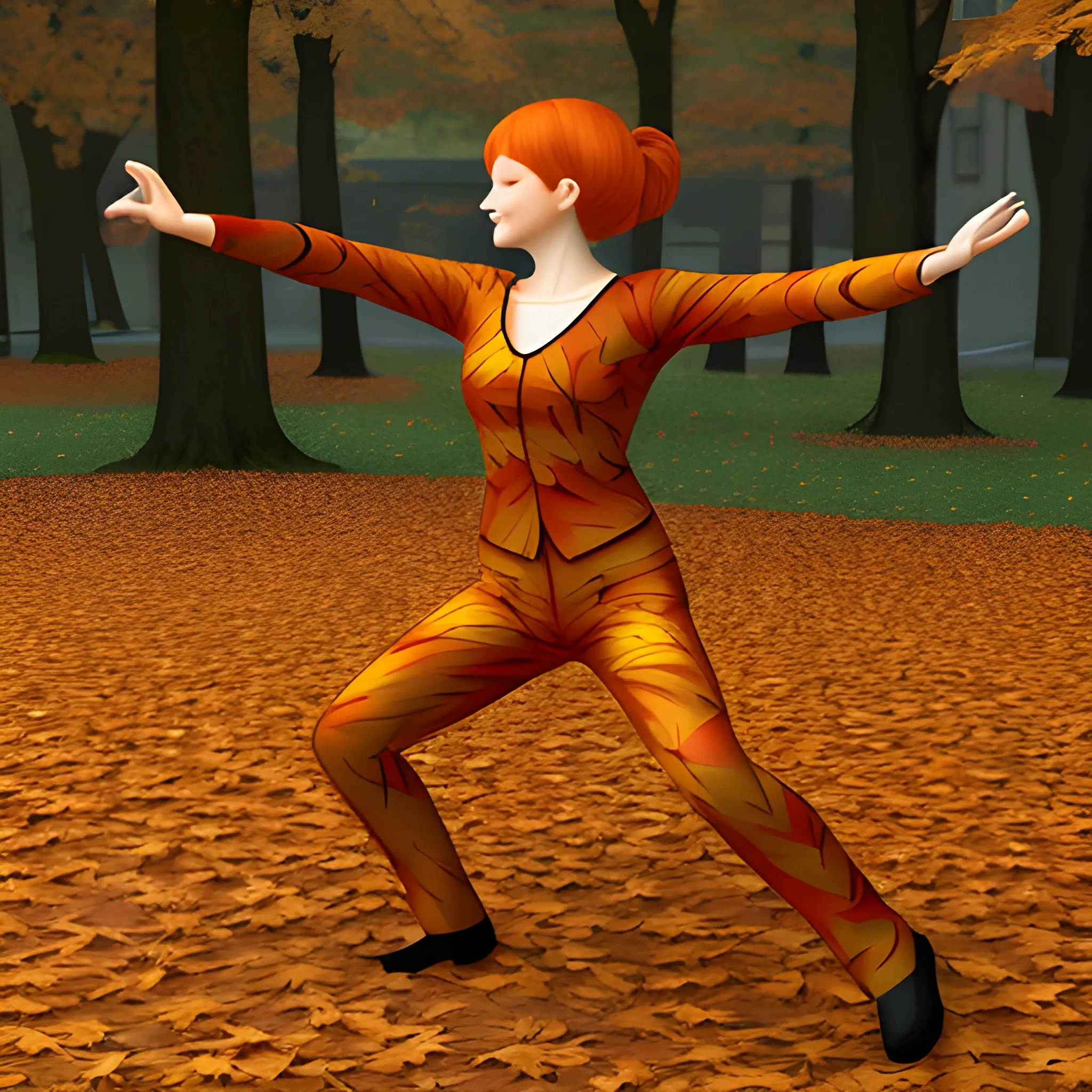 Autumn leaves in human form - dancing like a human being, 3D