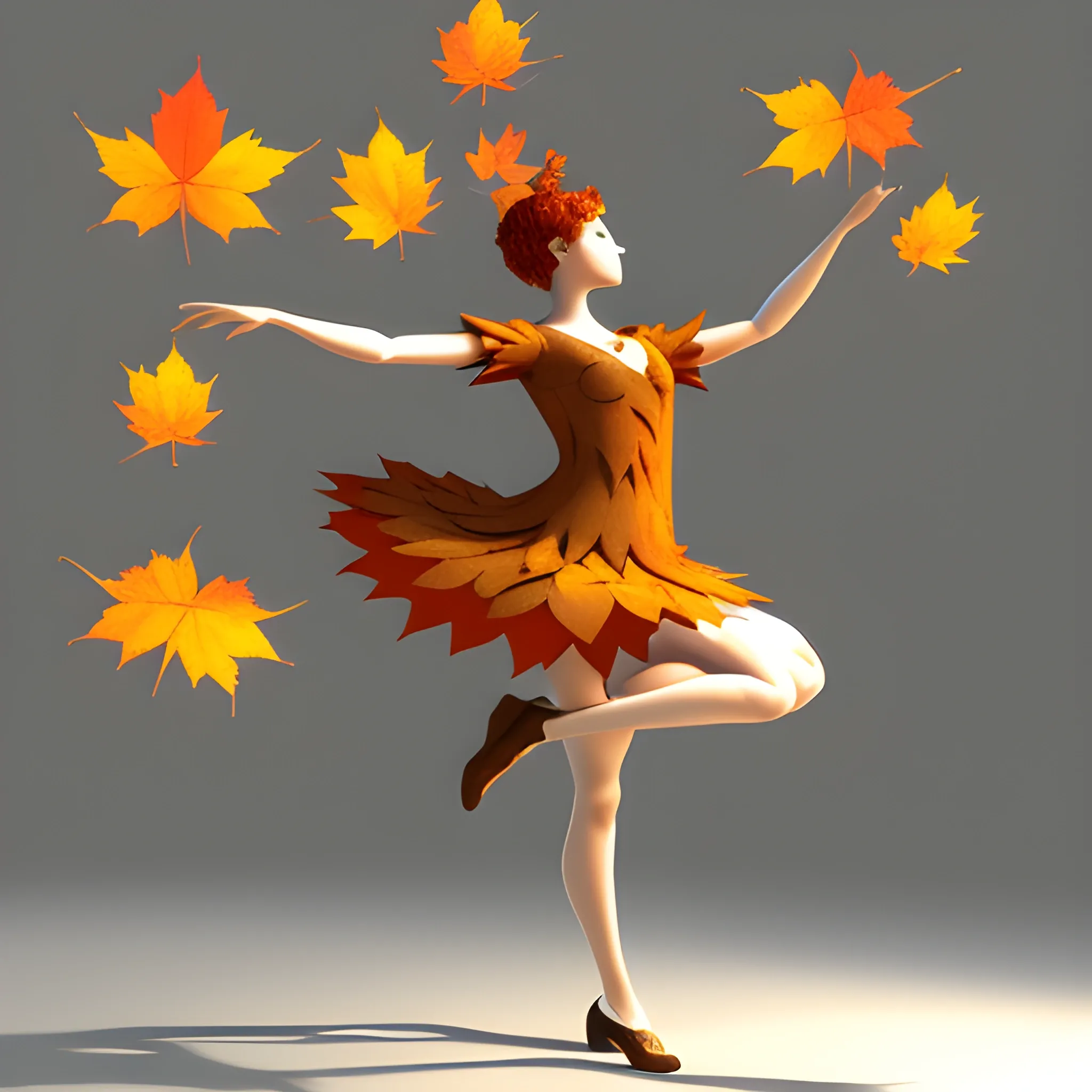 Autumn leaves in human form - dancing like a human being, 3D