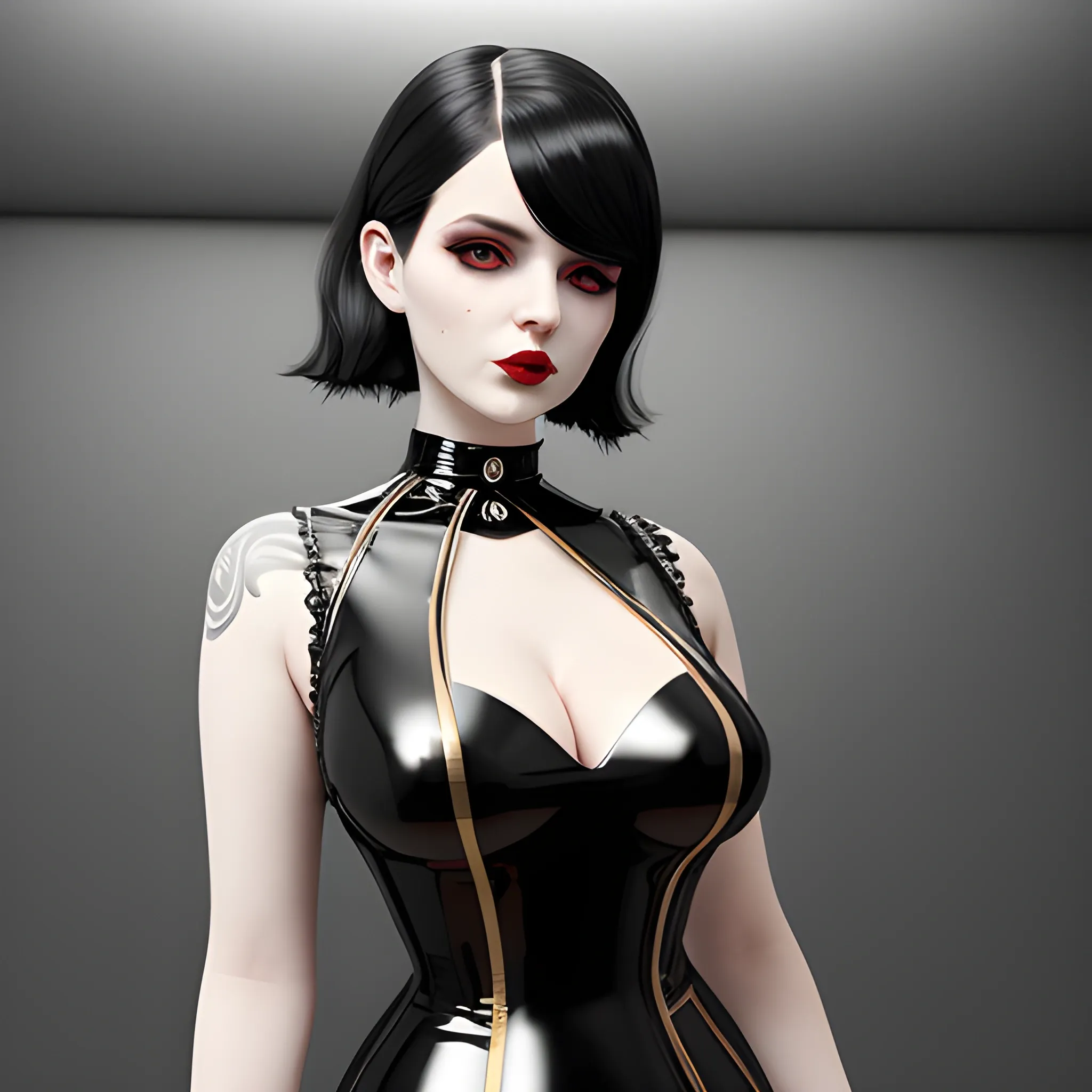 an elegant curvy feminine pale goth cutie wearing an elaborate latex-nylon-leather striped red-black-silver-gold neck-high dress, thin waist, cgsociety, photorealistic, 16k, smooth, sharp focus, trending on ArtStation, volumetric lighting, worksafe, sublime-comforting-intriuging ambience