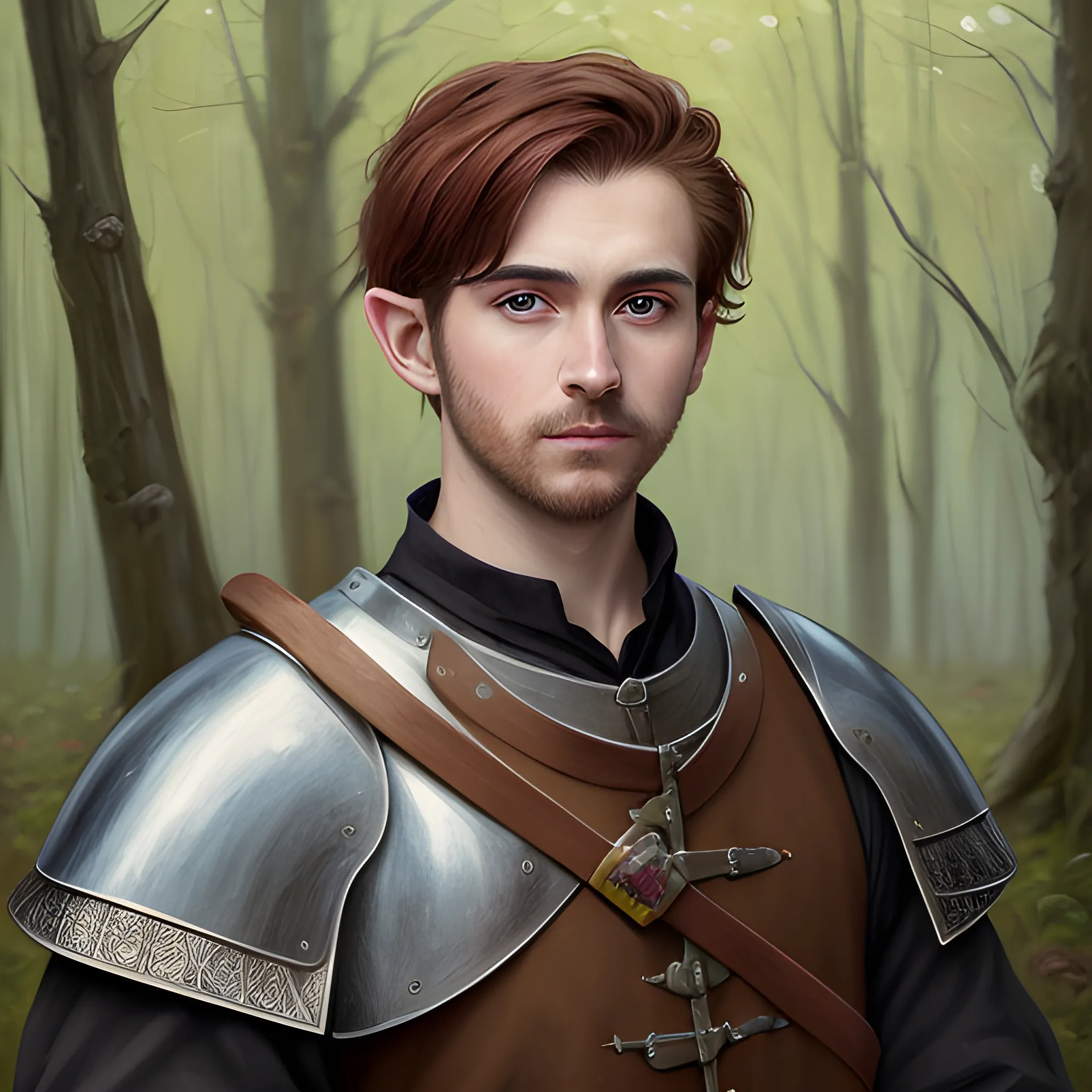 semi-realistic, masterpiece, portrait, adult man, man in his twenties, medieval aesthetic, vintage, brown eyes, deep eyes, elf, knight, soldier, medieval, in a forest, stoic expression, dark red hair, shorter hair, full body, crisp details, illustrated, niji 6, Midjourney, Detailed eyes, strong, sharp focus, perfect hands, perfect light, Oil Painting