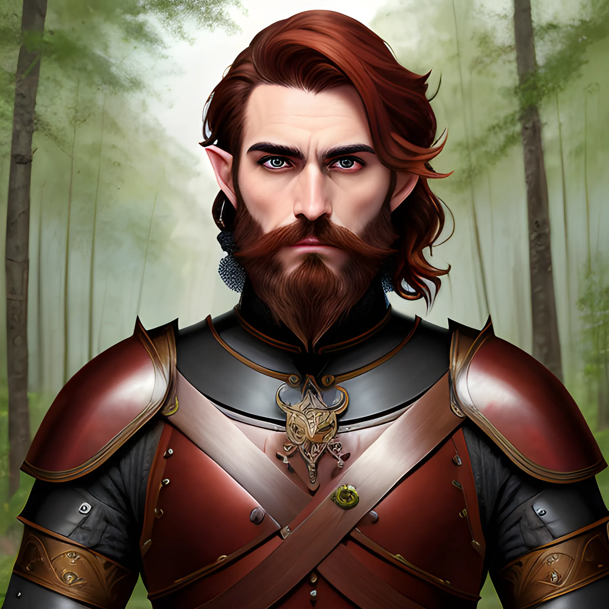 semi-realistic, masterpiece, portrait, adult man, man in his twenties, young man, medieval aesthetic, vintage, brown eyes, deep eyes, elf, knight, soldier, medieval, in a forest, stoic expression, dark red hair, shorter hair, beardless, no facial hair, full body, crisp details, illustrated, niji 6, Midjourney, Detailed eyes, strong, sharp focus, perfect hands, perfect light, Oil Painting