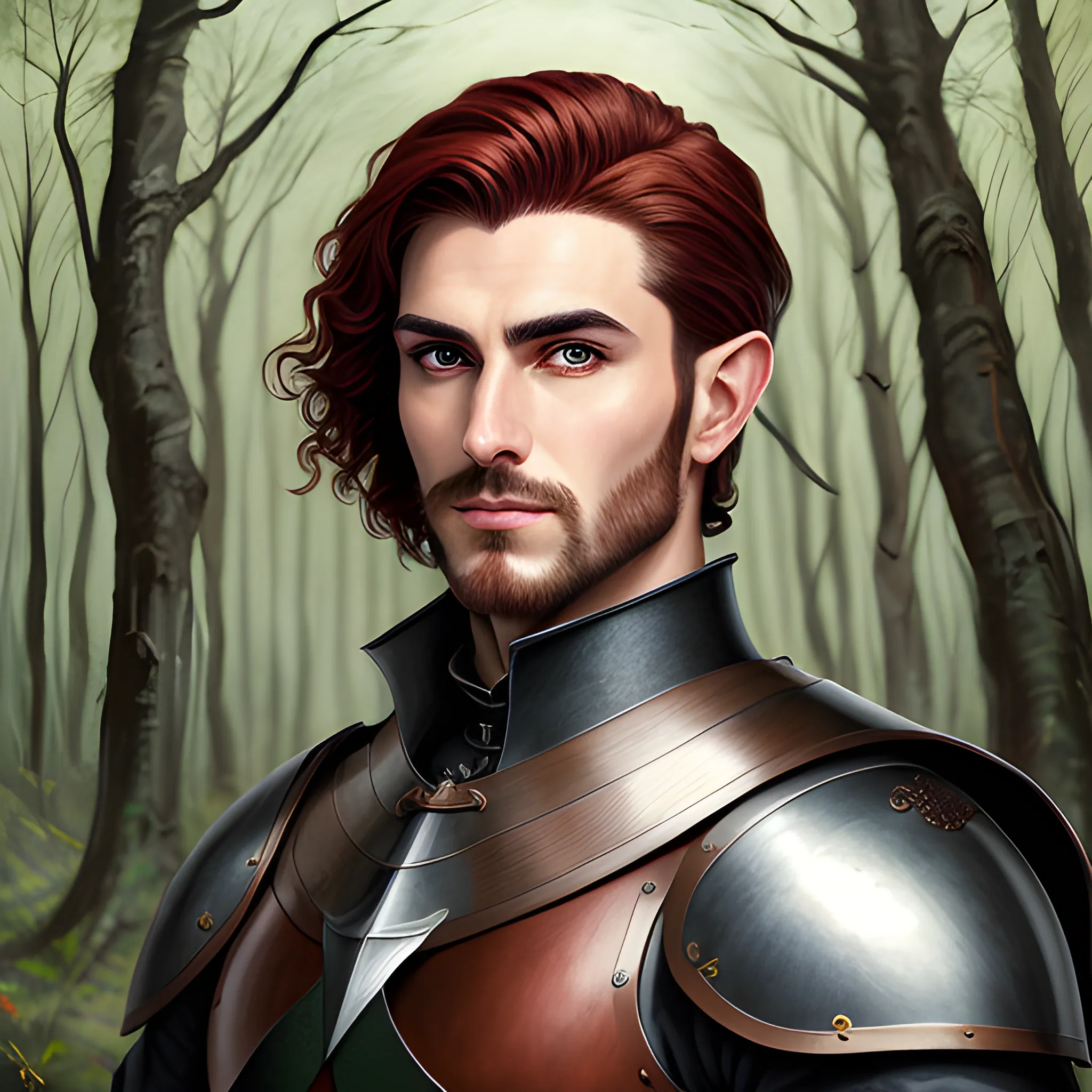 semi-realistic, masterpiece, portrait, adult man, man in his twenties, young man, medieval aesthetic, vintage, brown eyes, deep eyes, elf, knight, soldier, medieval, in a forest, stoic expression, dark red hair, shorter hair, no facial hair, full body, crisp details, illustrated, niji 6, Midjourney, Detailed eyes, strong, sharp focus, perfect hands, perfect light, Oil Painting