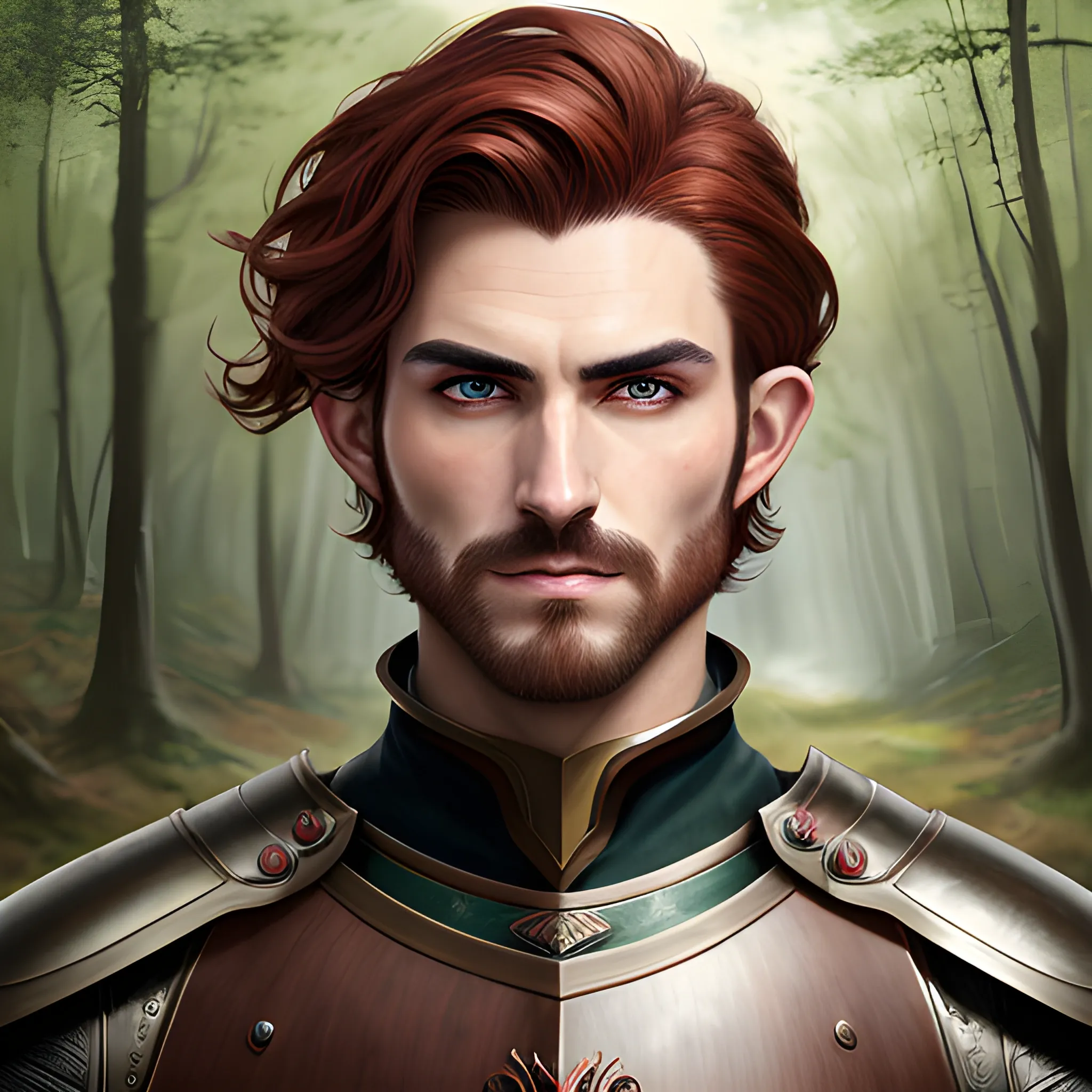 semi-realistic, masterpiece, portrait, adult man, man in his twenties, young man, medieval aesthetic, vintage, brown eyes, deep eyes, elf, knight, soldier, medieval, in a forest, stoic expression, dark red hair, shorter hair, faded hairstyle, no facial hair, full body, crisp details, illustrated, niji 6, Midjourney, Detailed eyes, strong, sharp focus, perfect hands, perfect light, Oil Painting