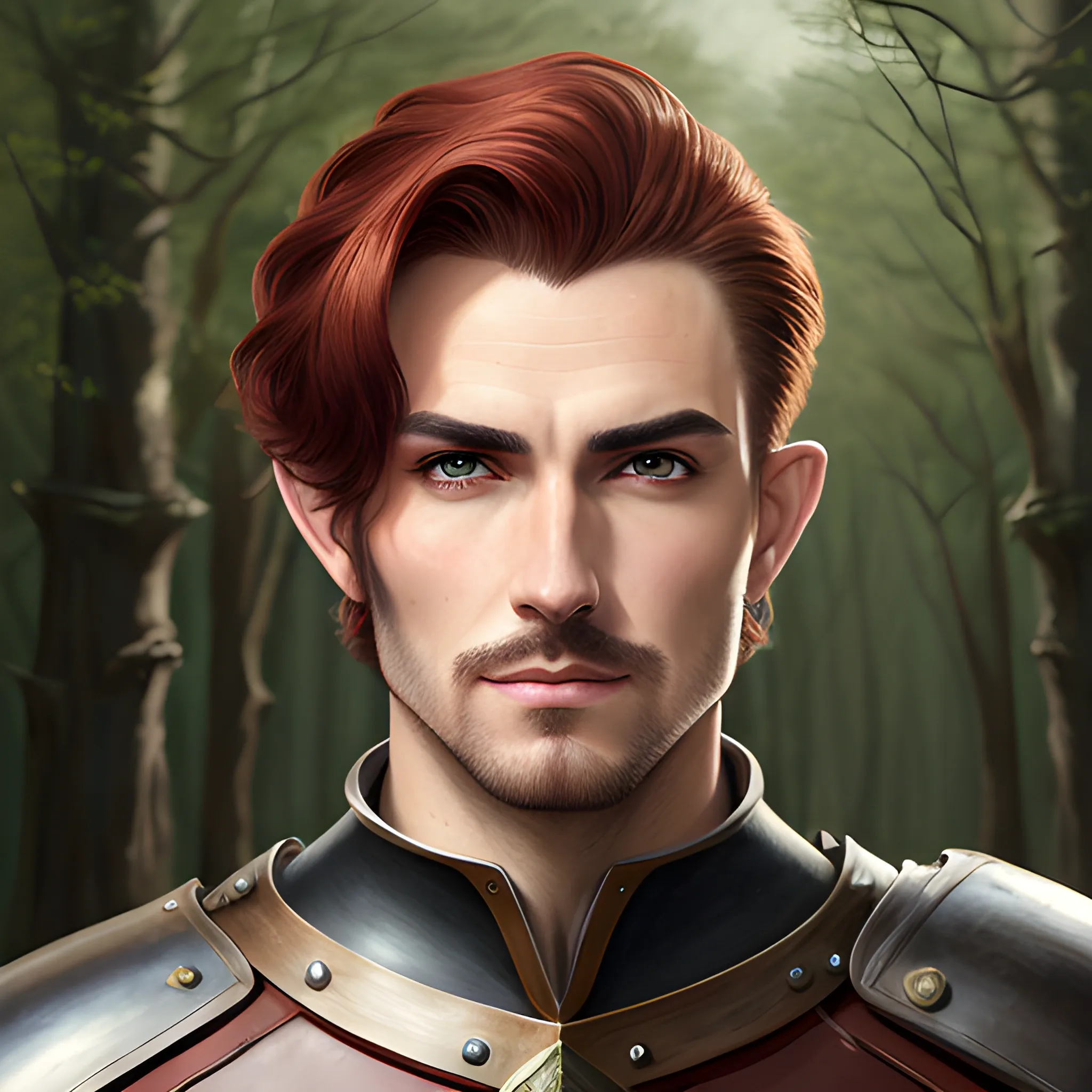 semi-realistic, masterpiece, portrait, adult man, man in his twenties, young man, medieval aesthetic, vintage, brown eyes, deep eyes, elf, knight, soldier, medieval, in a forest, stoic expression, dark red hair, shorter hair, faded hairstyle, no facial hair, full body, crisp details, illustrated, niji 6, Midjourney, Detailed eyes, strong, sharp focus, perfect hands, perfect light, Oil Painting