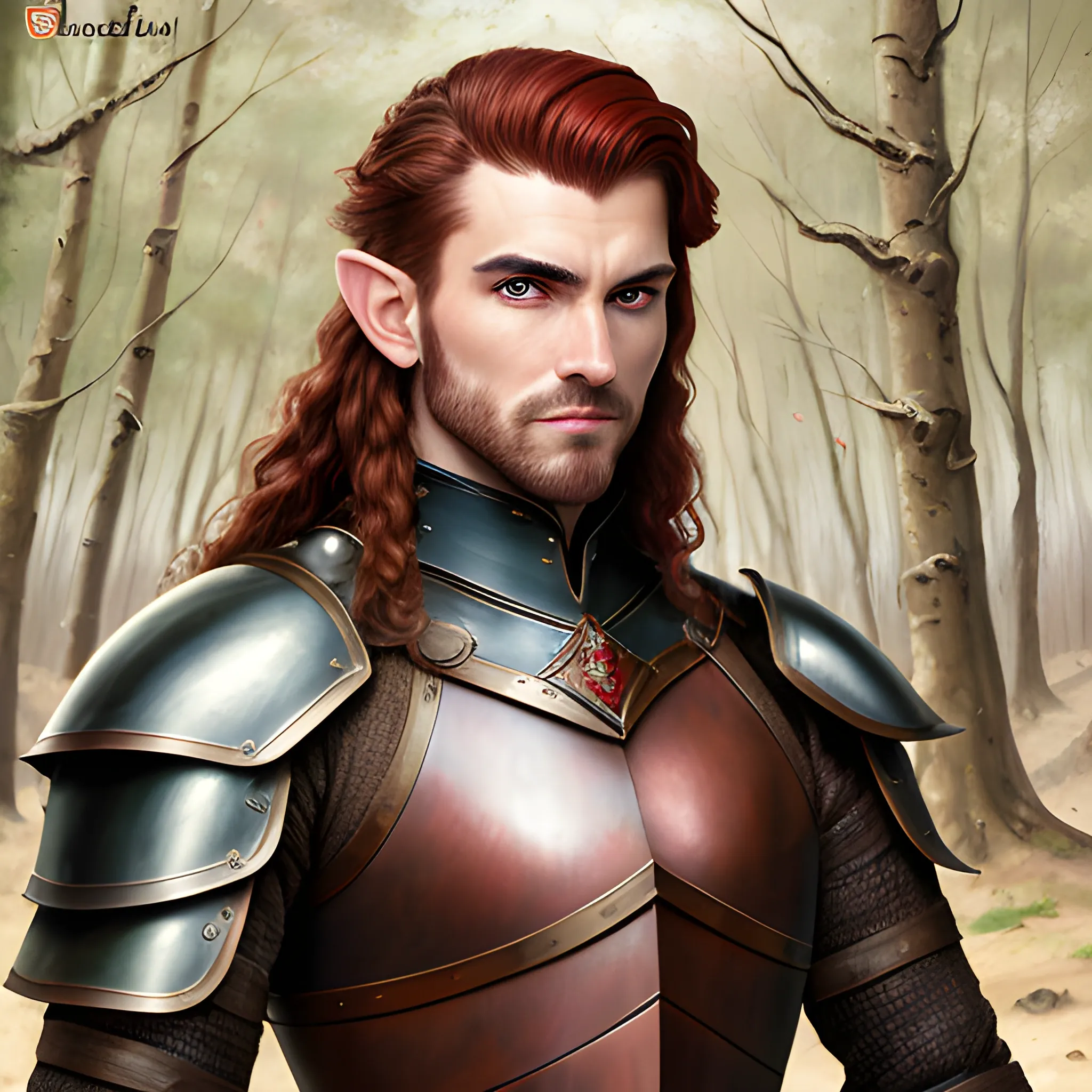 semi-realistic, masterpiece, portrait, adult man, man in his twenties, young man, medieval aesthetic, vintage, brown eyes, deep eyes, elf, knight, soldier, medieval, in a forest, stoic expression, dark red hair, mullet, no facial hair, full body, burly, built, crisp details, illustrated, niji 6, Midjourney, Detailed eyes, strong, sharp focus, perfect hands, perfect light, Oil Painting