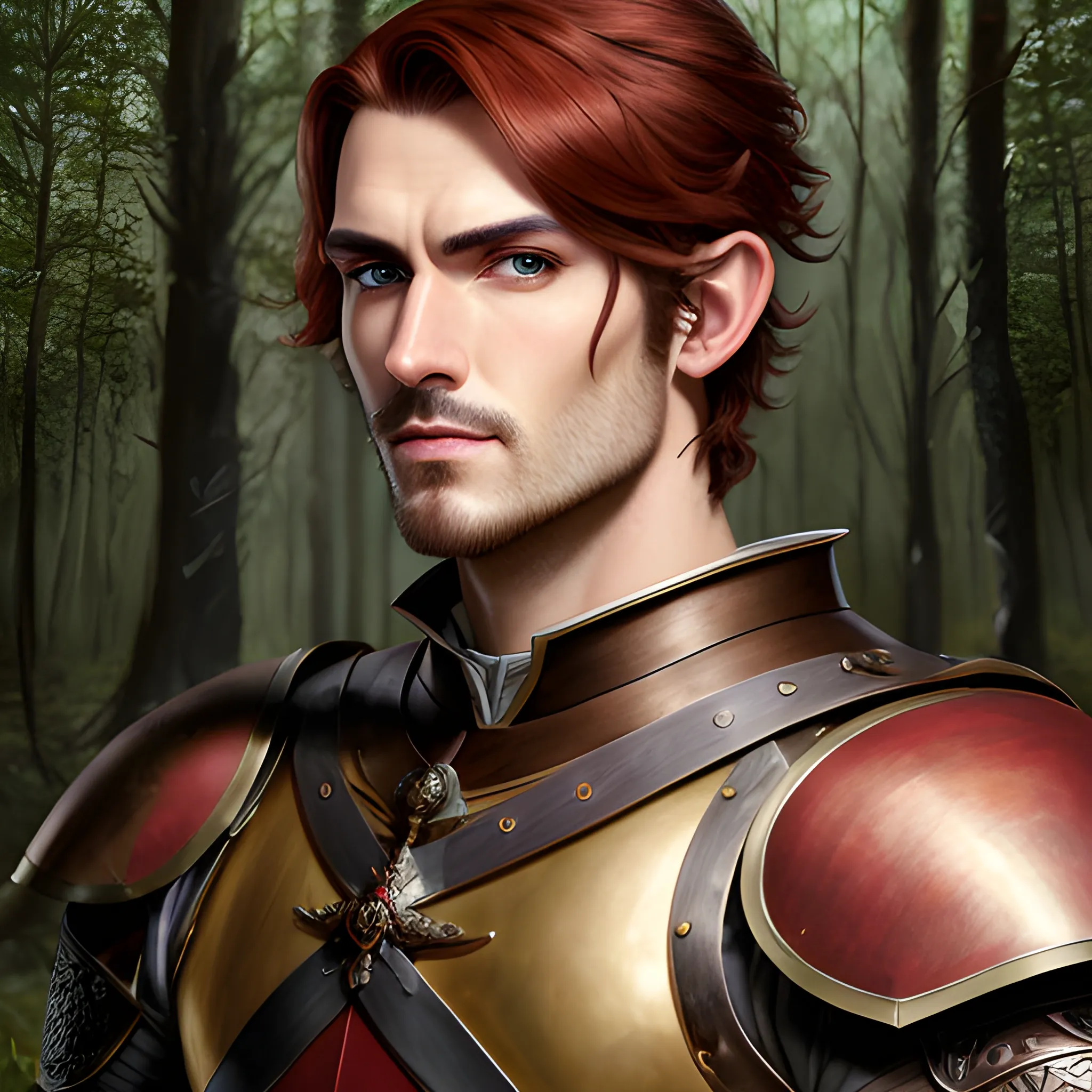 semi-realistic, masterpiece, portrait, adult man, man in his twenties, young man, medieval aesthetic, vintage, brown eyes, deep eyes, elf, knight, soldier, medieval, in a forest, stoic expression, dark red hair, short mullet, no facial hair, full body, burly, built, crisp details, illustrated, niji 6, Midjourney, Detailed eyes, strong, sharp focus, perfect hands, perfect light, Oil Painting